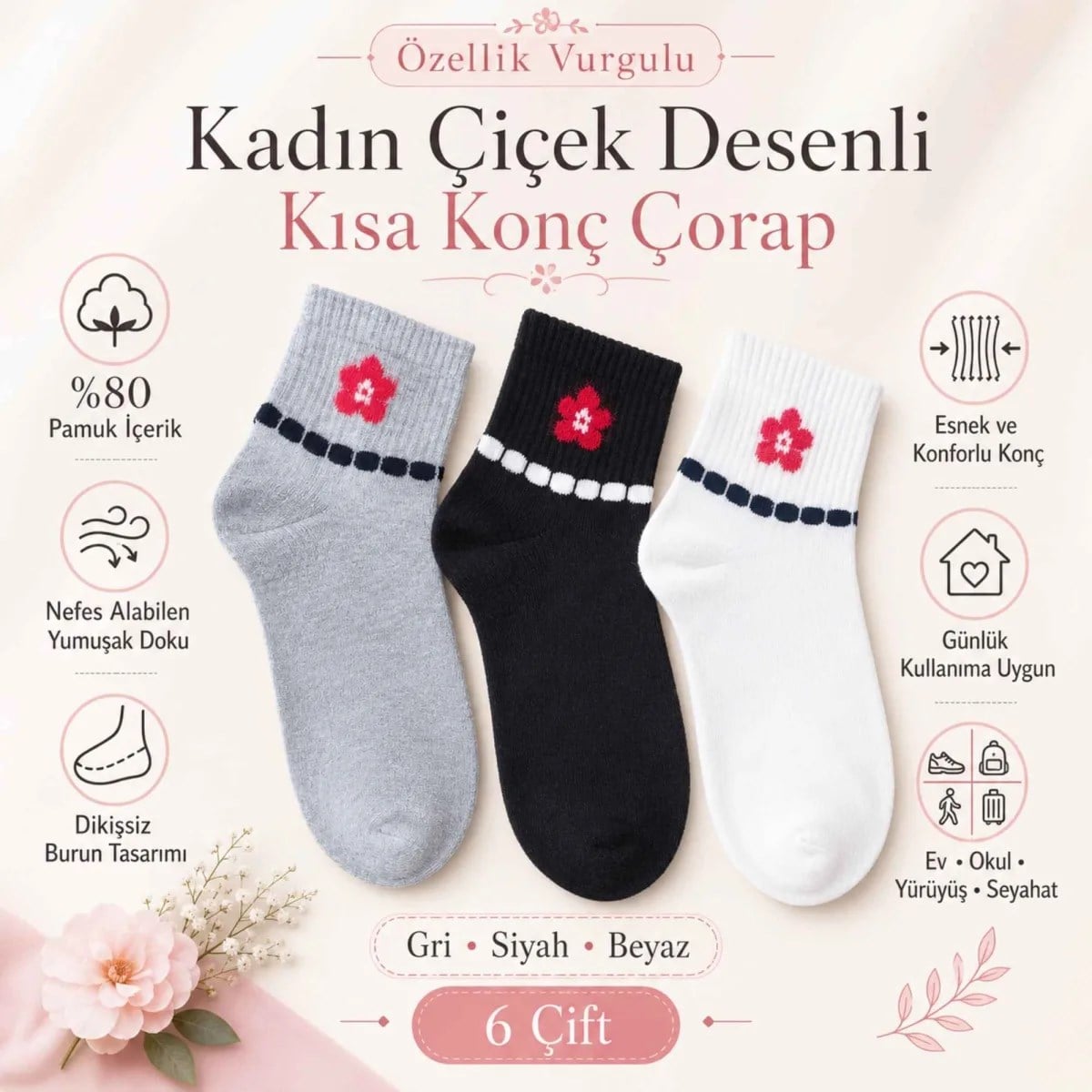 Kadın Çiçek Desenli Kısa Konç Çorap 12'li Paket, %80 Pamuklu Dikişsiz Burun, Nefes Alan Yumuşak Bilek Çorabı, Gri Siyah Beyaz