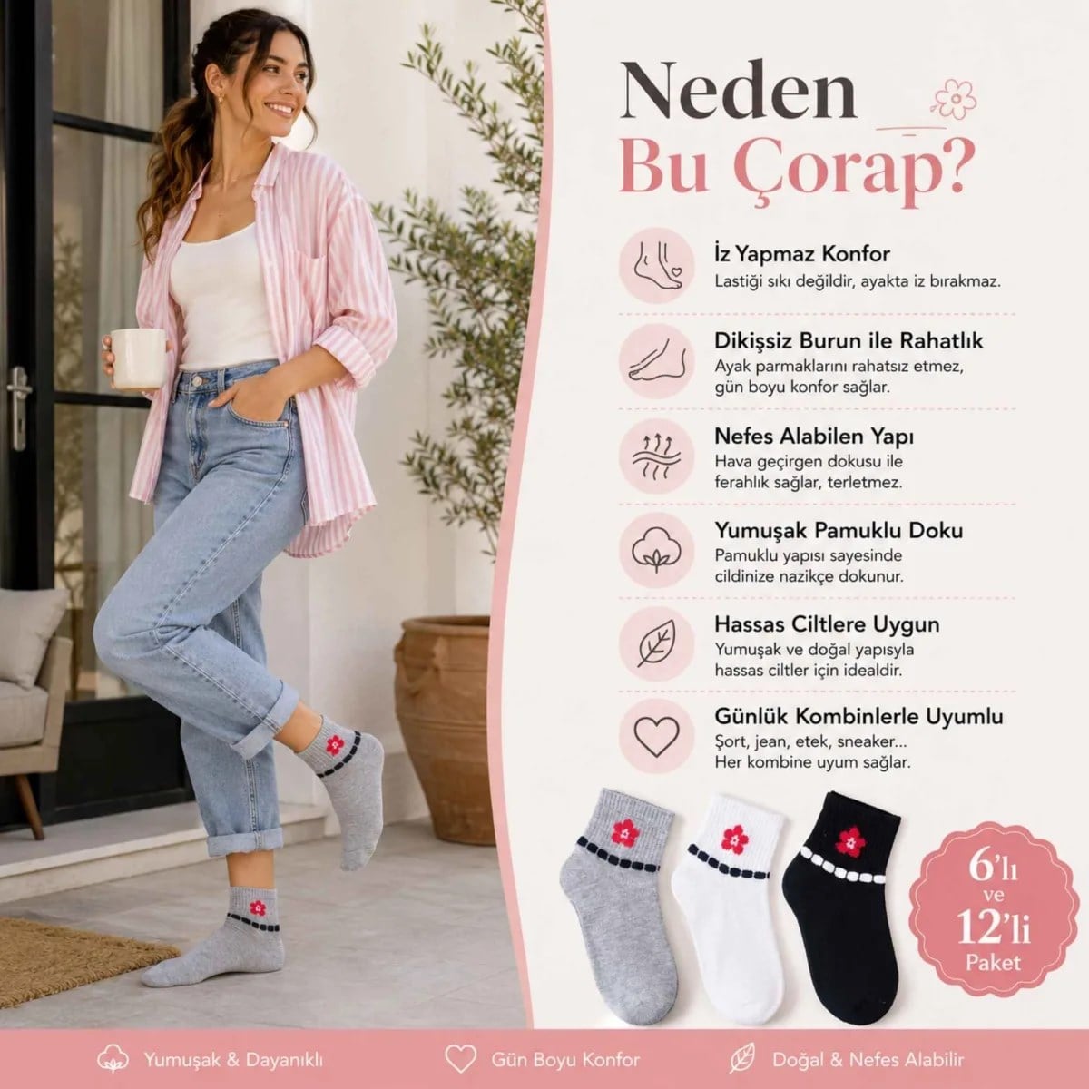 Kadın Çiçek Desenli Kısa Konç Çorap 12'li Paket, %80 Pamuklu Dikişsiz Burun, Nefes Alan Yumuşak Bilek Çorabı, Gri Siyah Beyaz