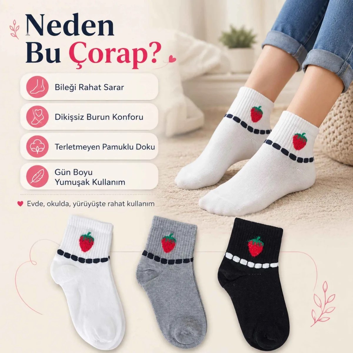 Kadın Çilek Desenli Kısa Konç Çorap 6'lı Paket, %80 Pamuklu Dikişsiz Burun, Nefes Alan Yumuşak Bilek Çorabı, Siyah Beyaz Gri