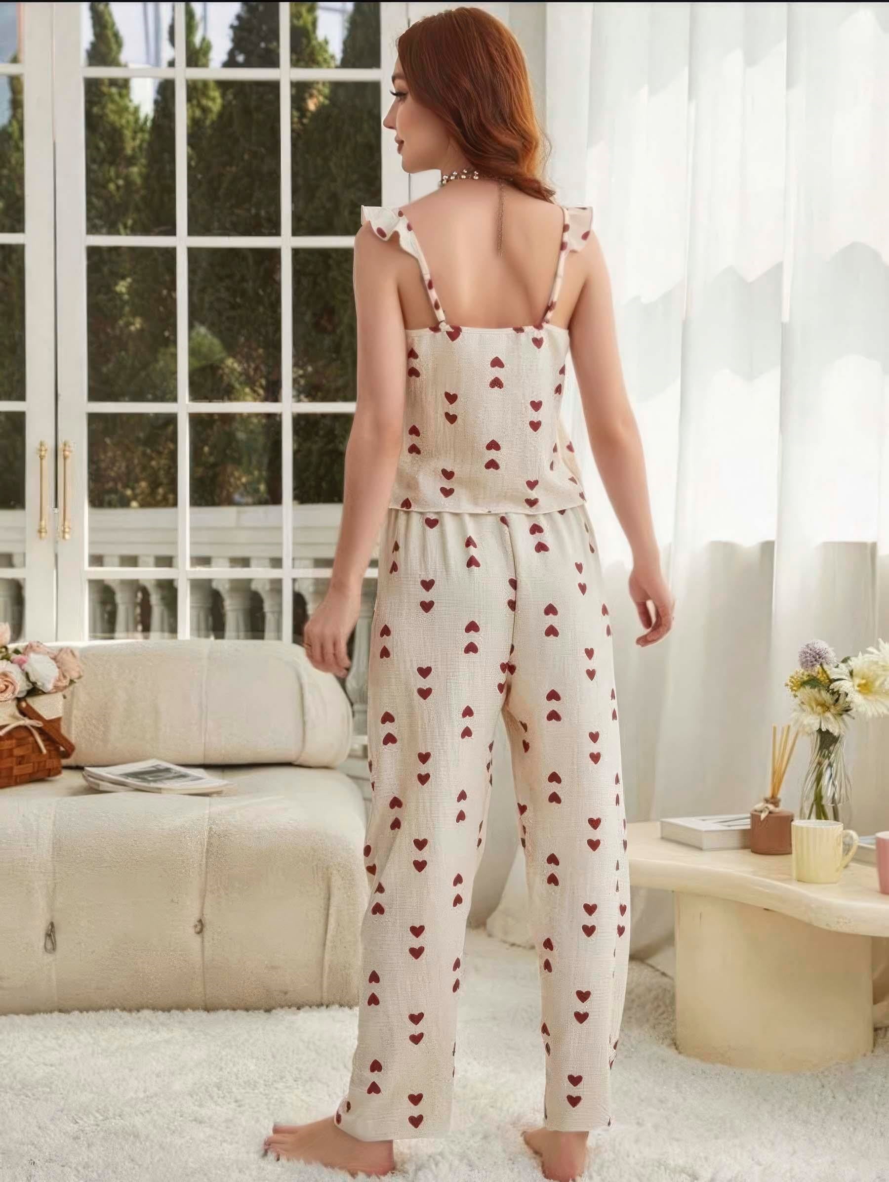 Kadın Ekru Kırmızı Kalp Desenli Yumuşak Pamuklu Uzun Pijama Takımı 5136