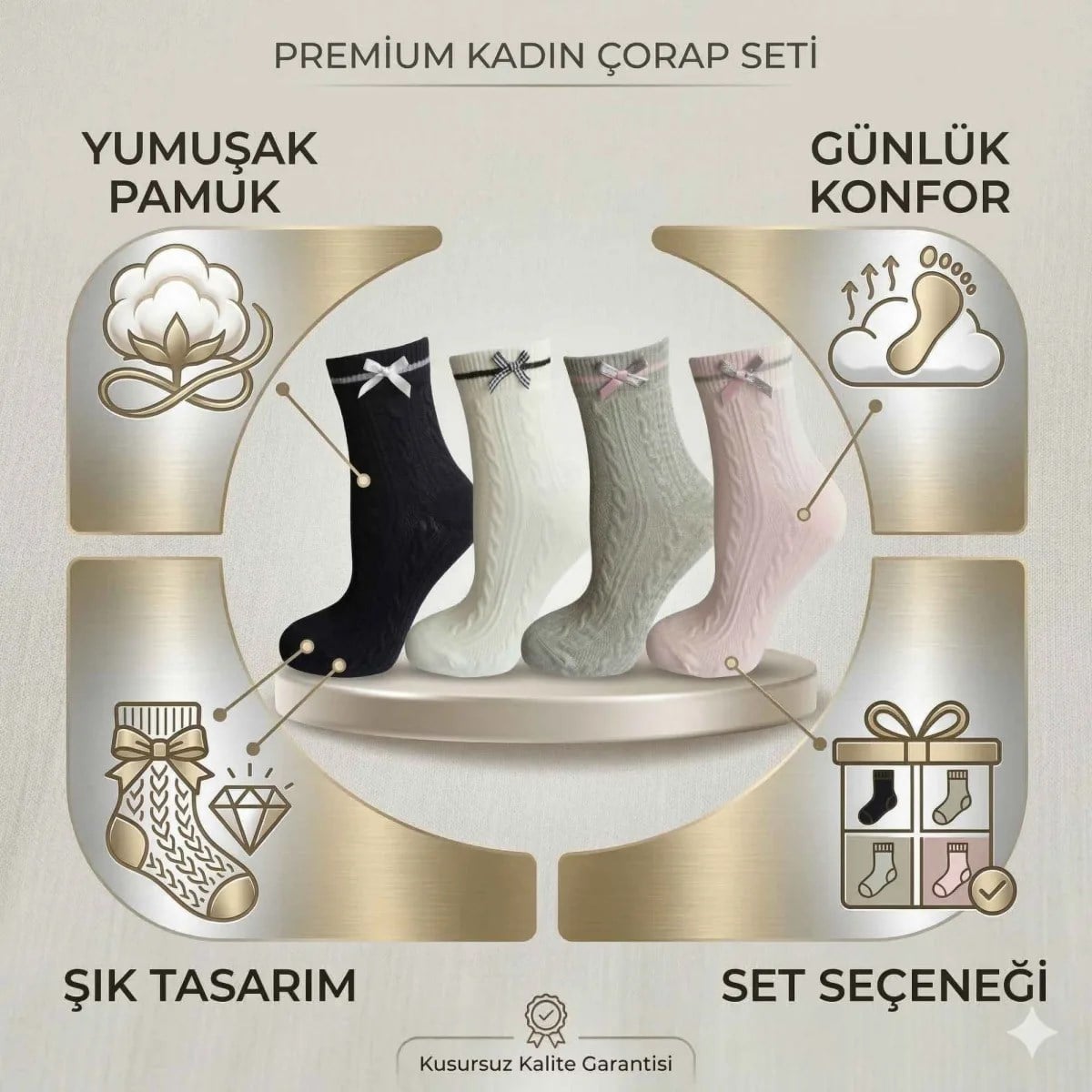 Kadın Fiyonklu Örgü Soket Çorap 4'lü Set - Yumuşak Pamuklu Dokulu Şık Günlük Çorap