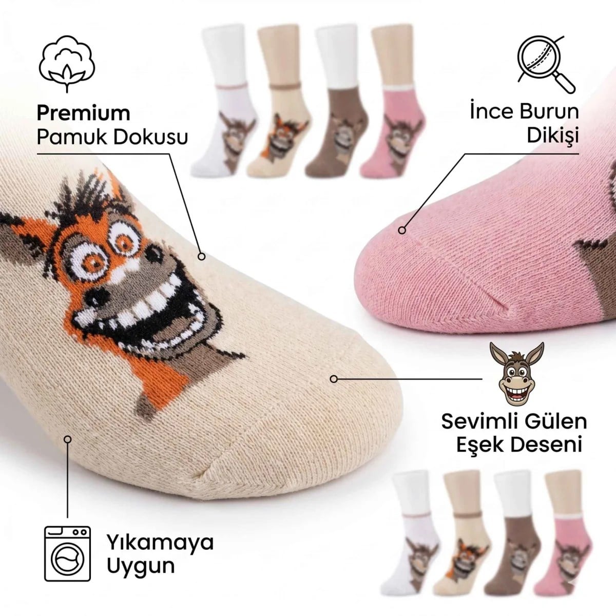 Kadın Gülen Eşek Desenli Çorap 4'lü - Pamuklu, Eğlenceli ve Yumuşak Soket Çorap 36-40