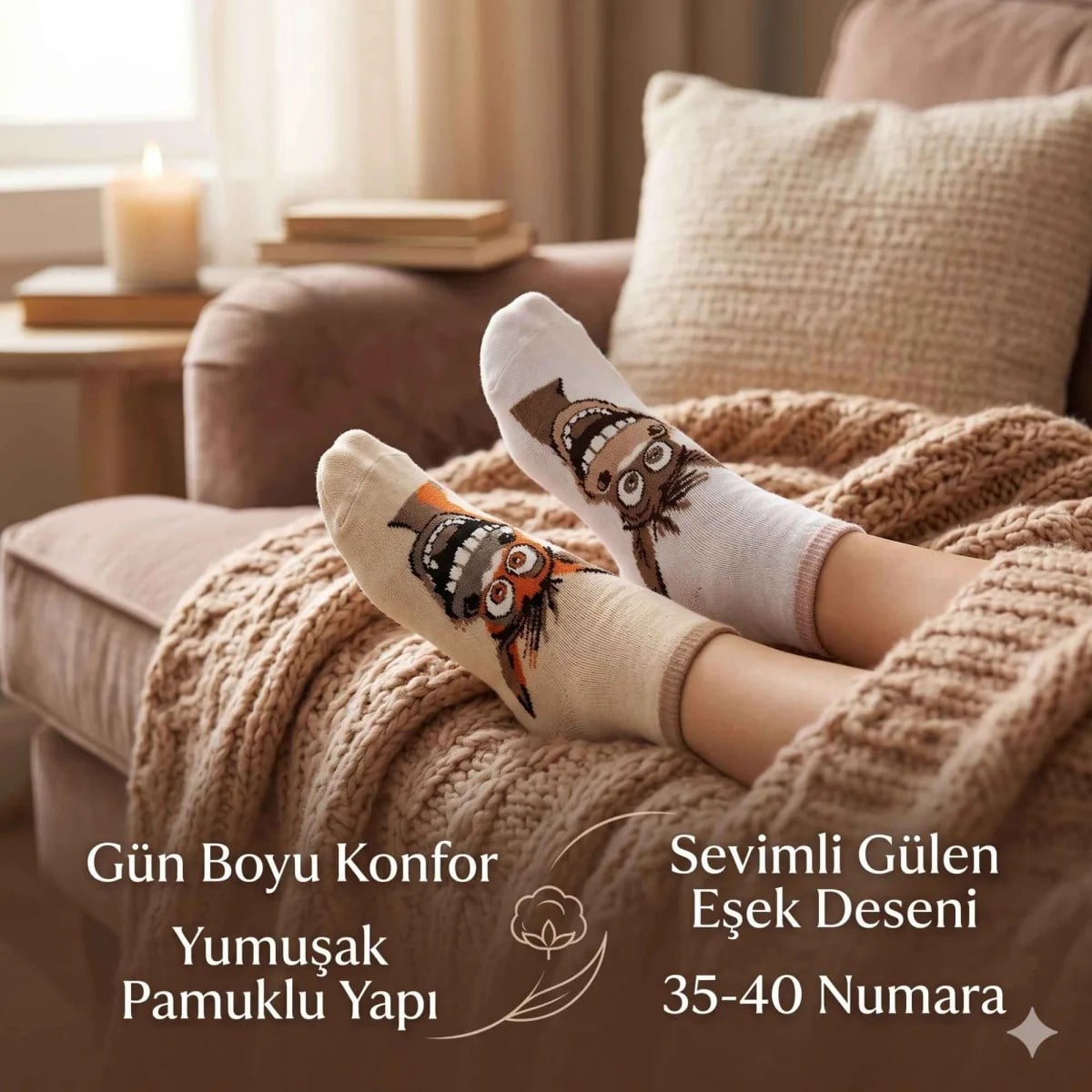 Kadın Gülen Eşek Desenli Çorap 4'lü - Pamuklu, Eğlenceli ve Yumuşak Soket Çorap 36-40