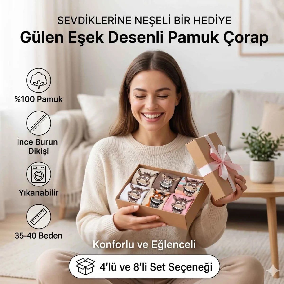 Kadın Gülen Eşek Desenli Çorap 8'li Set - Pamuklu, Eğlenceli ve Yumuşak Soket Çorap 36-40