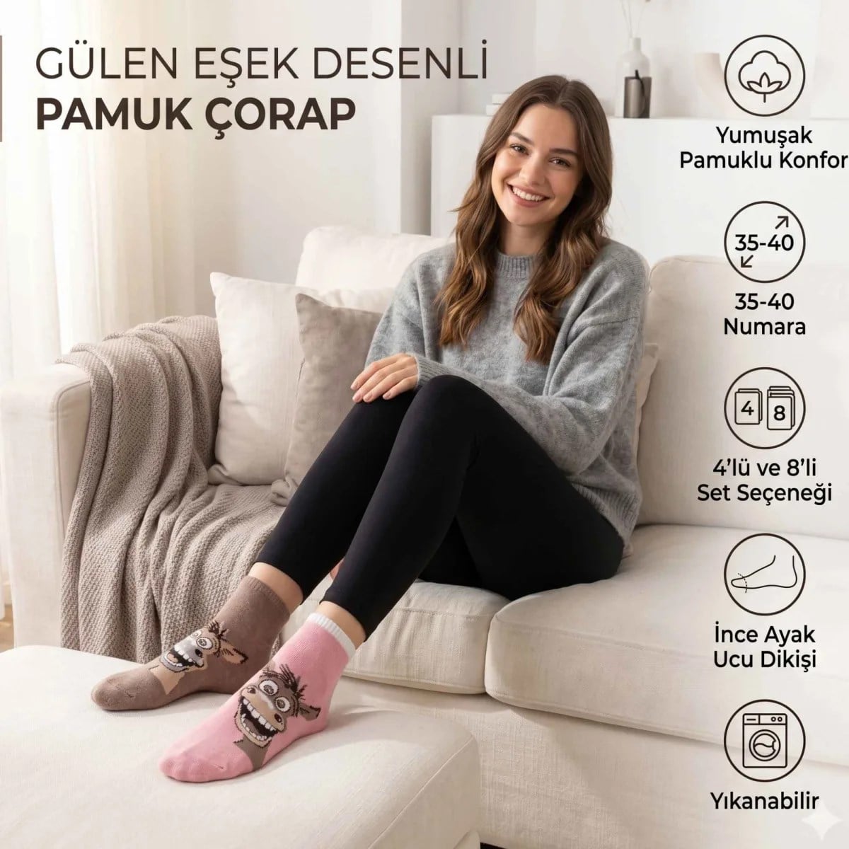 Kadın Gülen Eşek Desenli Çorap 8'li Set - Pamuklu, Eğlenceli ve Yumuşak Soket Çorap 36-40