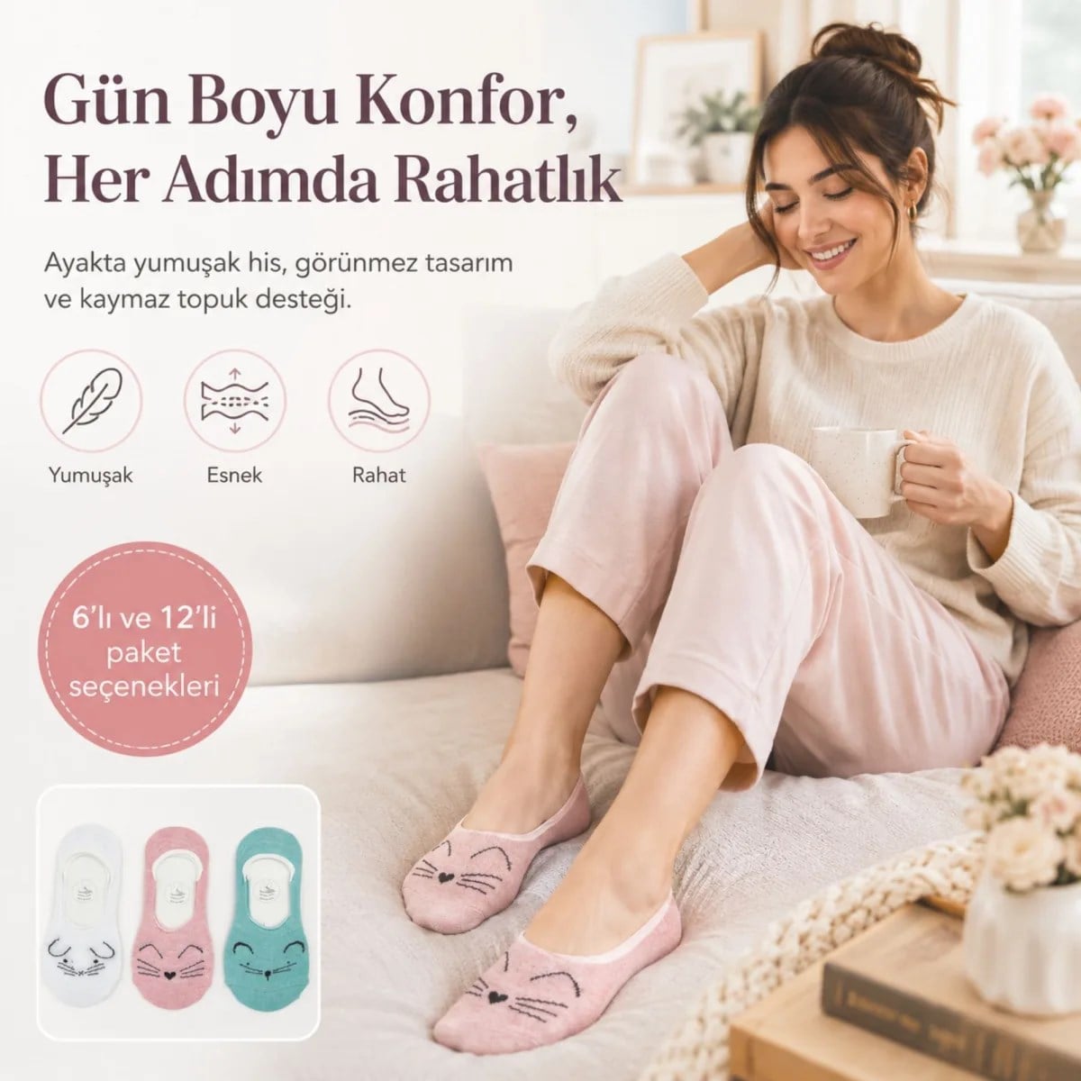 Kadın Hayvan Figürlü Görünmez Ekonomik Babet Çorabı 12'li Paket - Kaymaz Topuklu Pamuklu Ekru, Pembe, Nane Yeşili