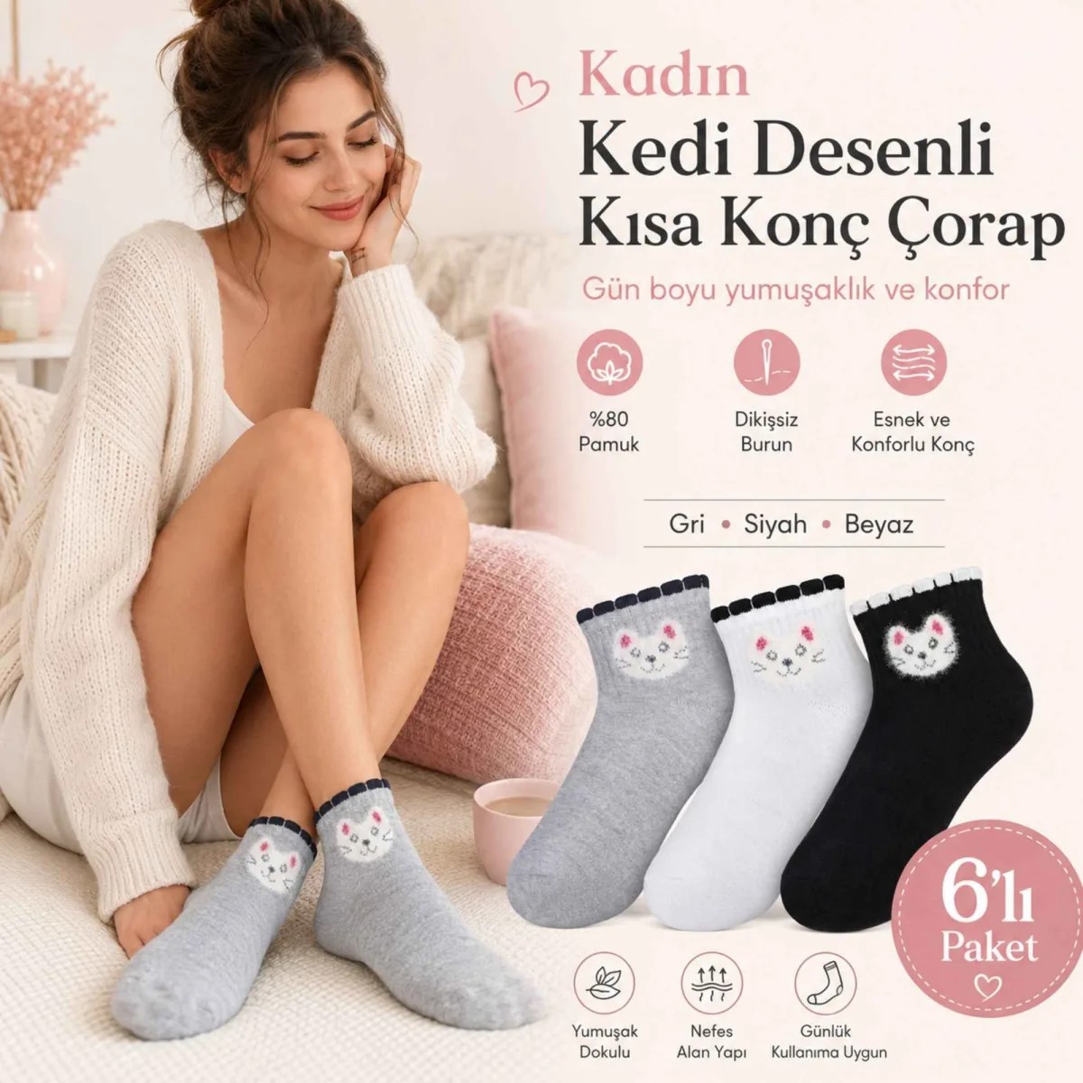 Kadın Kedi Desenli Kısa Konç Çorap 12'li Paket, %80 Pamuklu Dikişsiz Burun, Nefes Alan Yumuşak Bilek Çorabı, Gri Siyah Beyaz