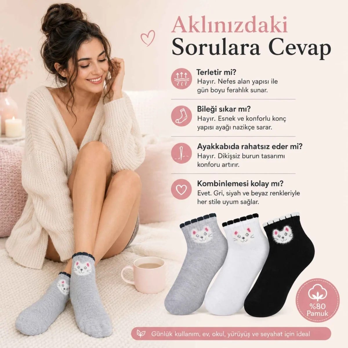 Kadın Kedi Desenli Kısa Konç Çorap 6'lı Paket, %80 Pamuklu Dikişsiz Burun, Nefes Alan Yumuşak Bilek Çorabı, Gri Siyah Beyaz