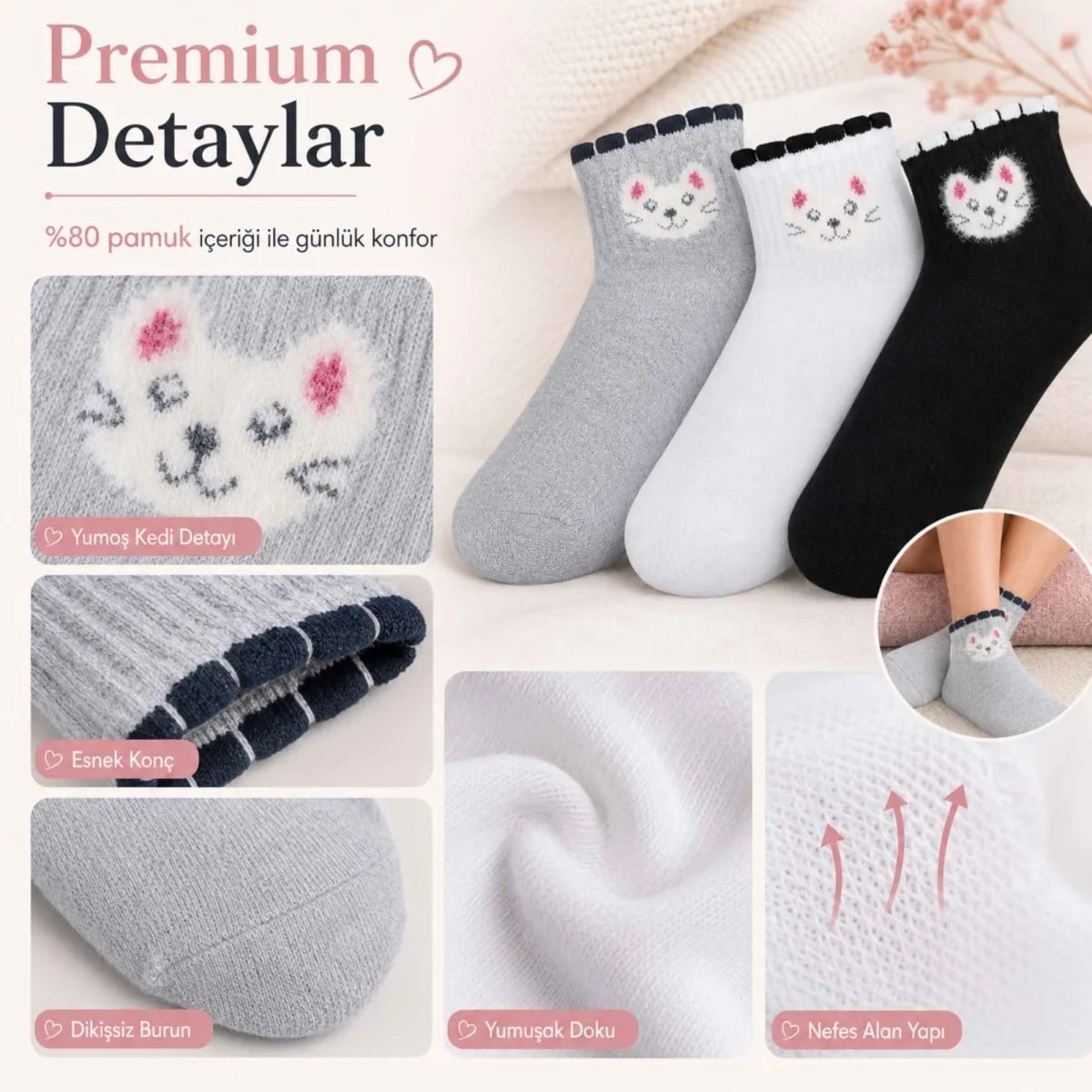 Kadın Kedi Desenli Kısa Konç Çorap 6'lı Paket, %80 Pamuklu Dikişsiz Burun, Nefes Alan Yumuşak Bilek Çorabı, Gri Siyah Beyaz