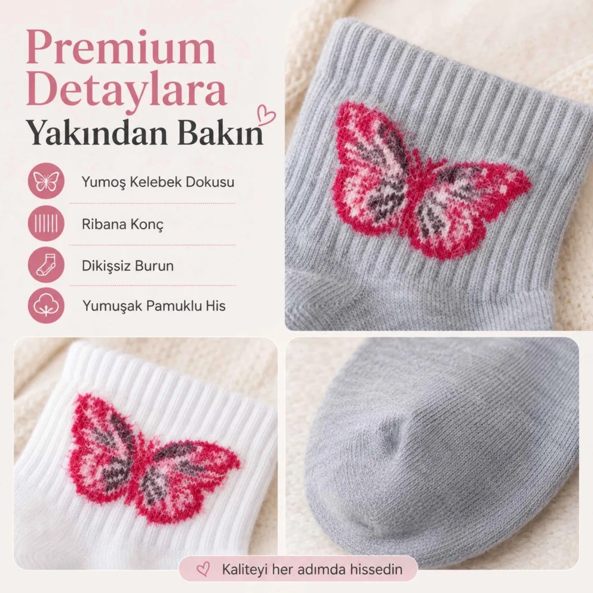 Kadın Kelebek Desenli Kısa Konç Çorap 12'li Paket, %80 Pamuklu Dikişsiz Burun, Nefes Alan Yumuşak Bilek Çorabı, Siyah Beyaz Gri