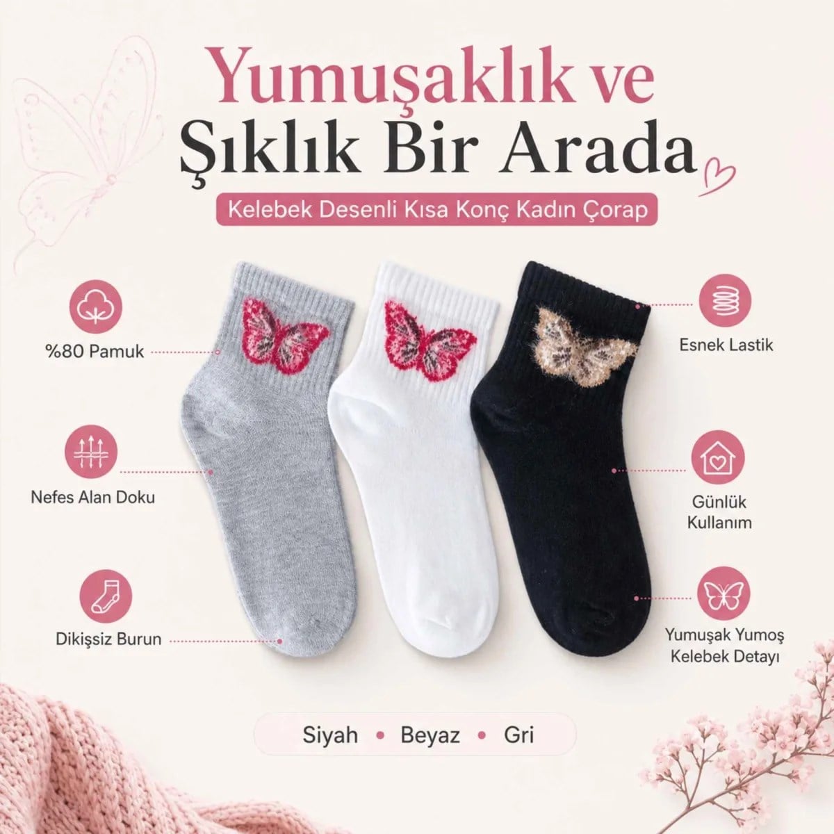 Kadın Kelebek Desenli Kısa Konç Çorap 12'li Paket, %80 Pamuklu Dikişsiz Burun, Nefes Alan Yumuşak Bilek Çorabı, Siyah Beyaz Gri