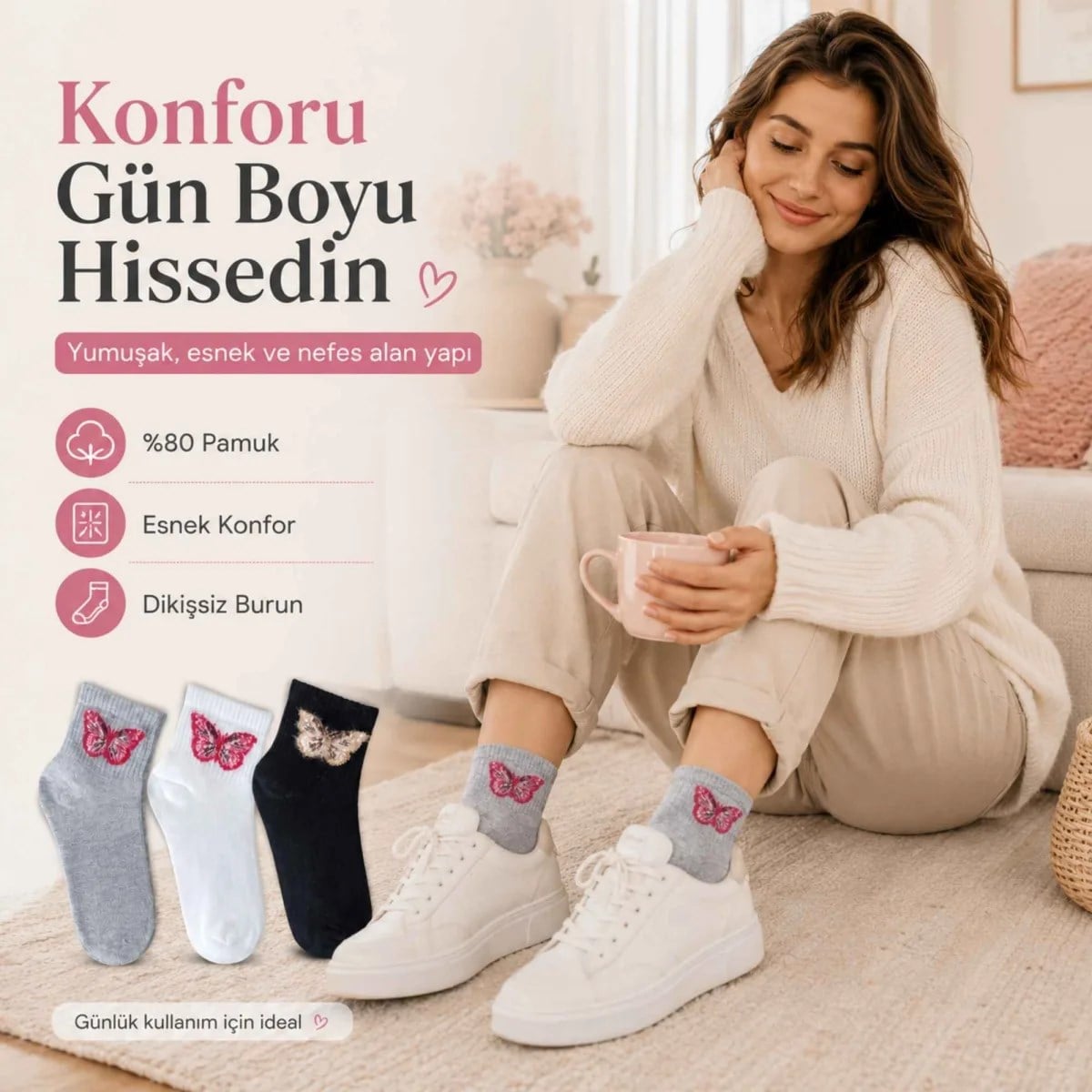 Kadın Kelebek Desenli Kısa Konç Çorap 6'lı Paket, %80 Pamuklu Dikişsiz Burun, Nefes Alan Yumuşak Bilek Çorabı, Siyah Beyaz Gri
