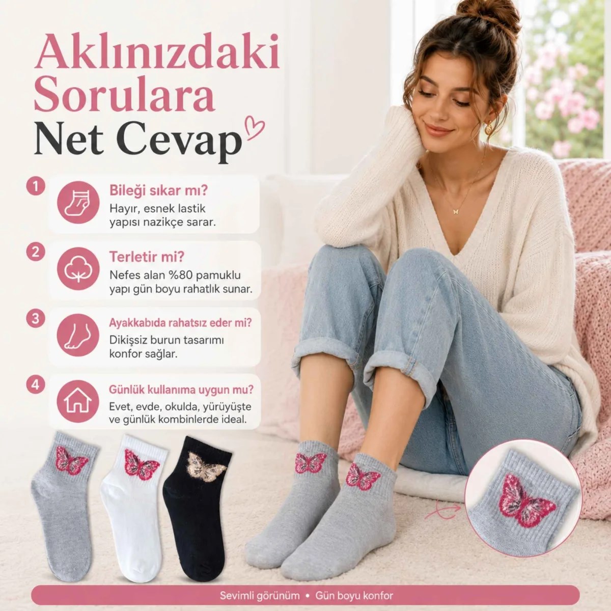 Kadın Kelebek Desenli Kısa Konç Çorap 6'lı Paket, %80 Pamuklu Dikişsiz Burun, Nefes Alan Yumuşak Bilek Çorabı, Siyah Beyaz Gri
