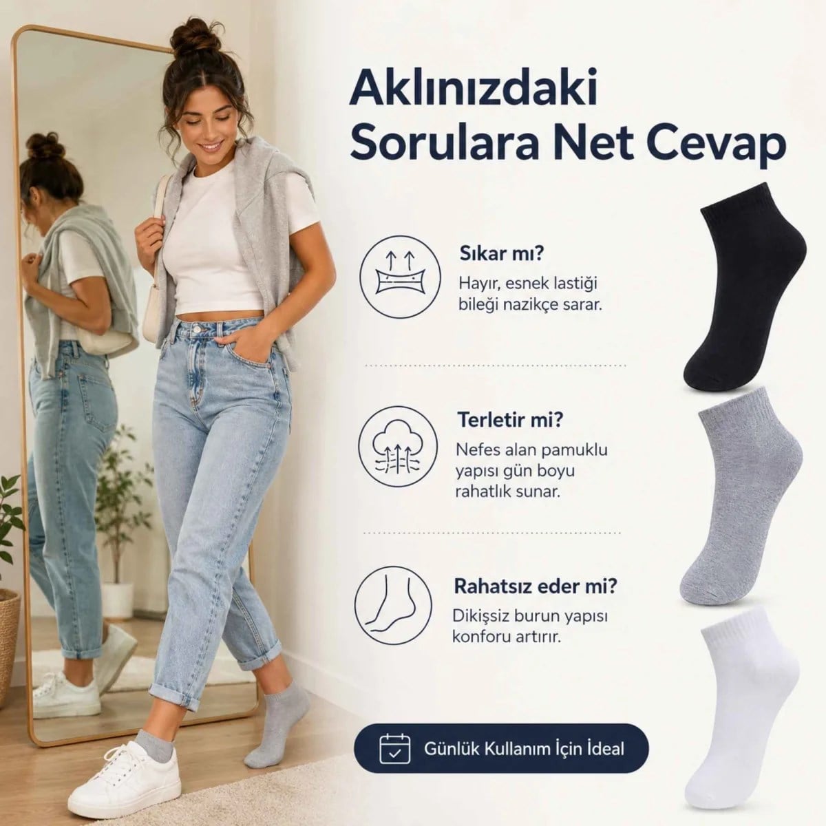 Kadın Kısa Konç Çorap 3'lü Paket, %80 Pamuklu, Dikişsiz Burun, Nefes Alan Yumuşak Bilek Çorabı, Siyah Gri Beyaz