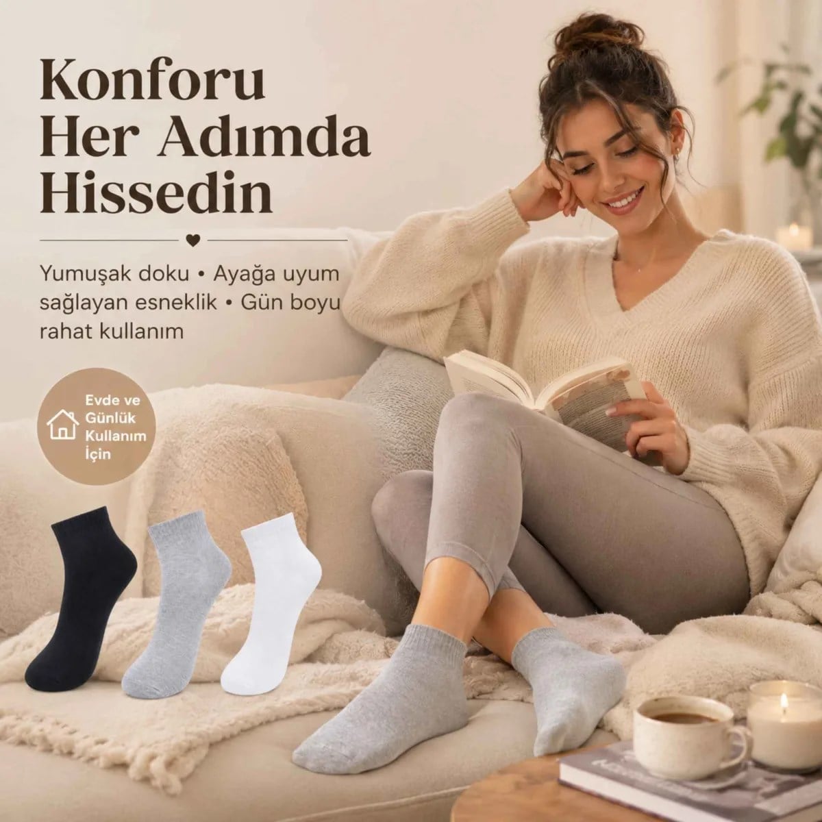 Kadın Kısa Konç Çorap 3'lü Paket, %80 Pamuklu, Dikişsiz Burun, Nefes Alan Yumuşak Bilek Çorabı, Siyah Gri Beyaz
