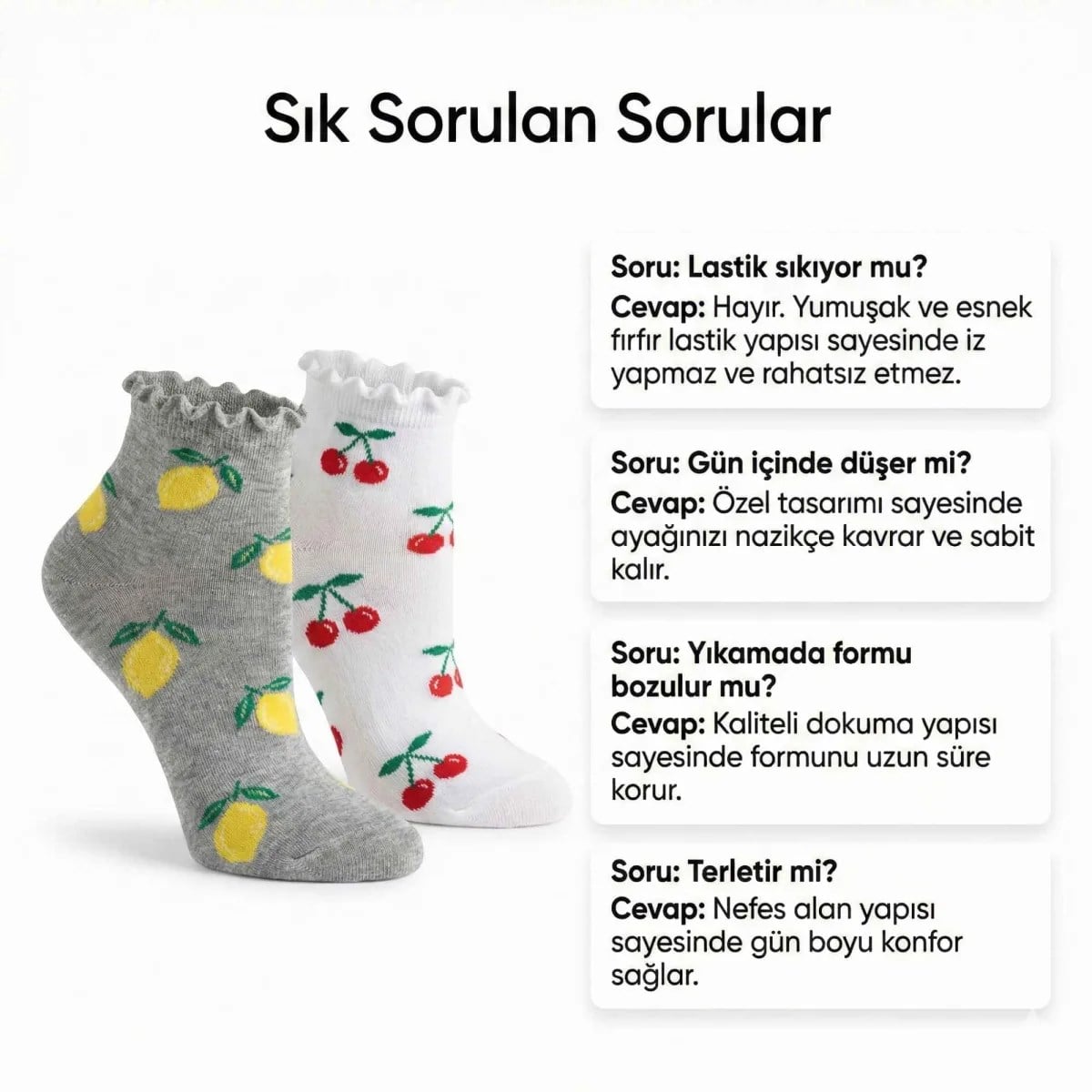 Kadın Meyve Desenli Fırfırlı Soket Çorap 6'lı Set - Renkli, Yumuşak ve Rahat Bilek Çorabı
