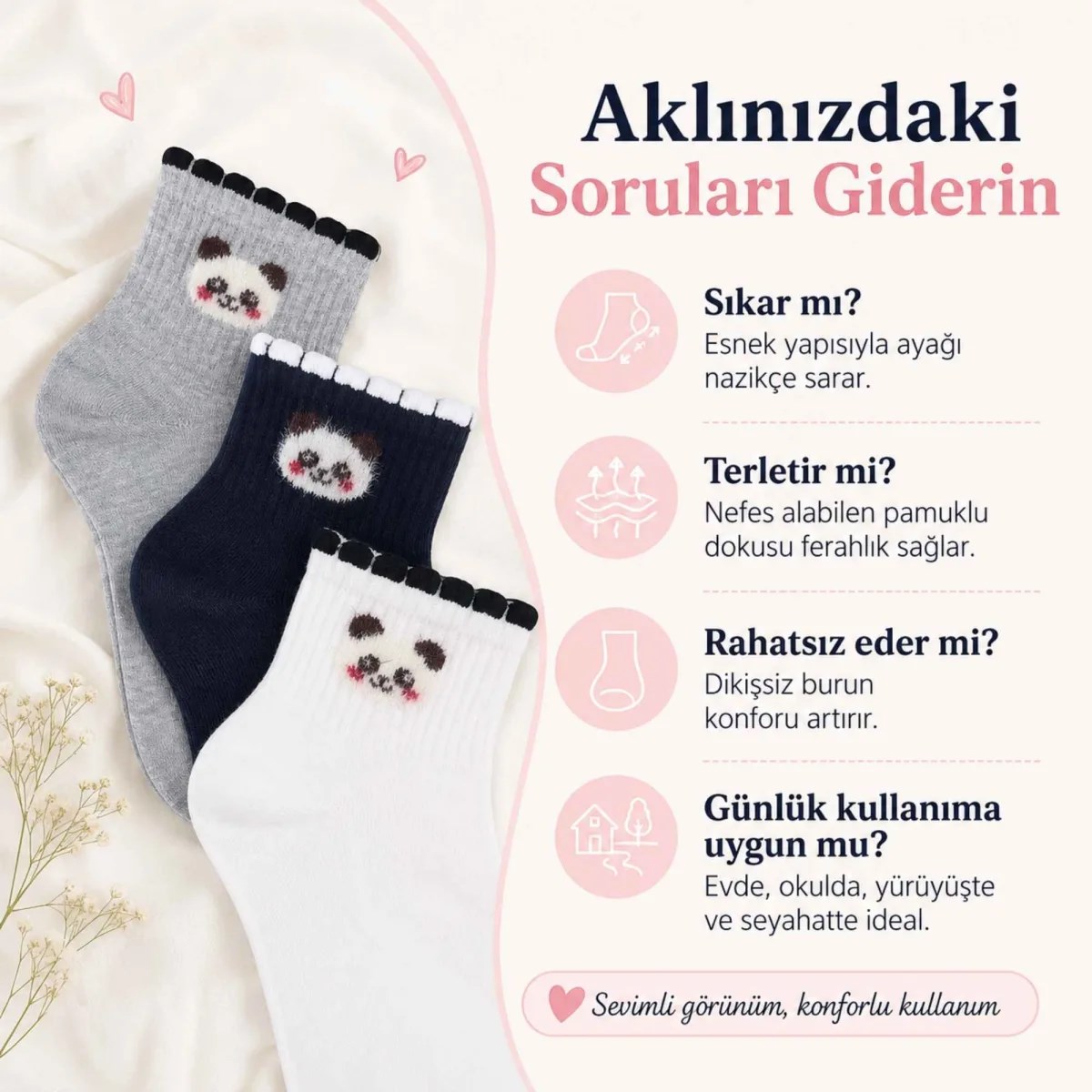 Kadın Panda Desenli Kısa Konç Çorap 12'li Paket, %80 Pamuklu Dikişsiz Burun, Nefes Alan Yumuşak Bilek Çorabı, Siyah Beyaz Gri