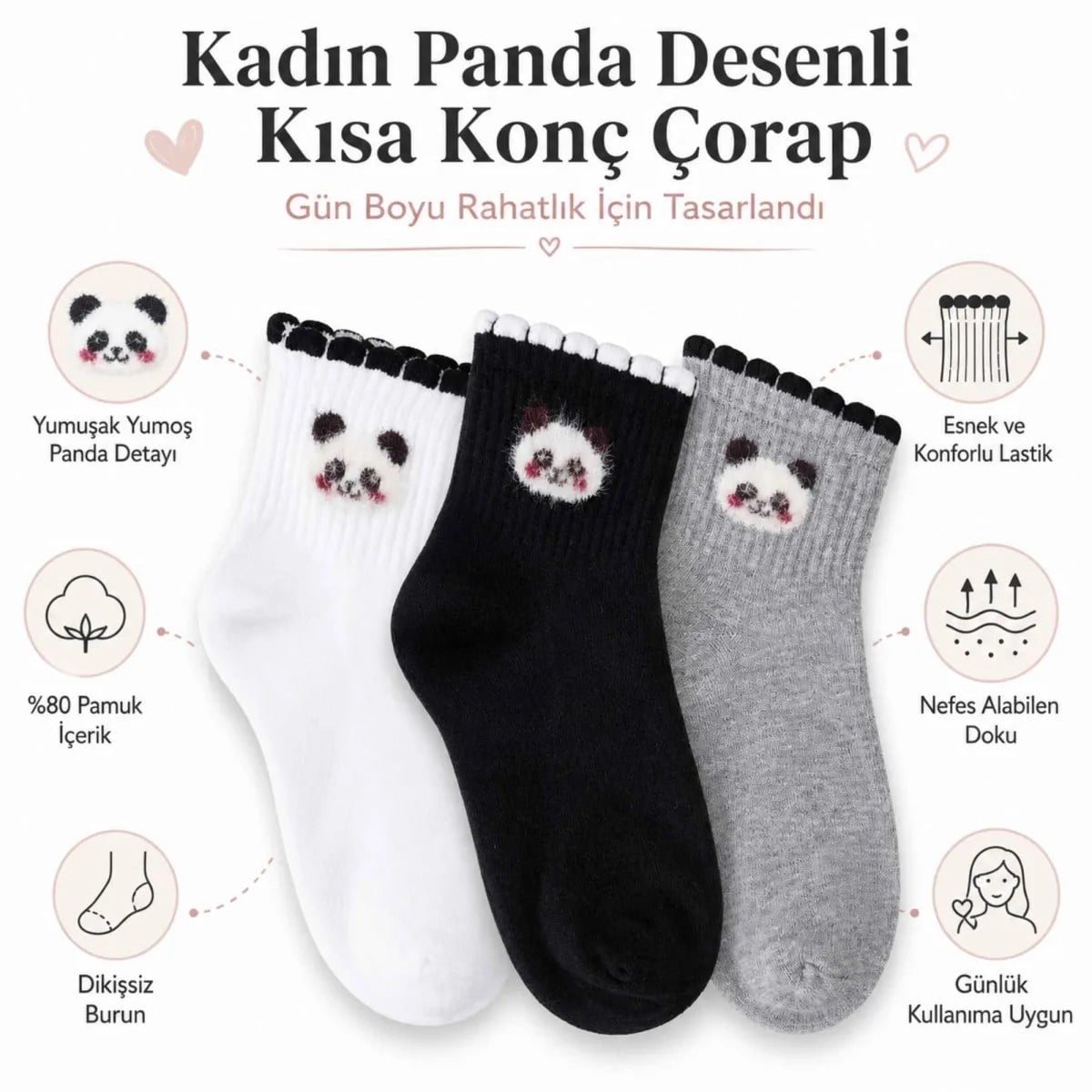 Kadın Panda Desenli Kısa Konç Çorap 3'lü Paket, %80 Pamuklu Dikişsiz Burun, Nefes Alan Yumuşak Bilek Çorabı, Siyah Beyaz Gri