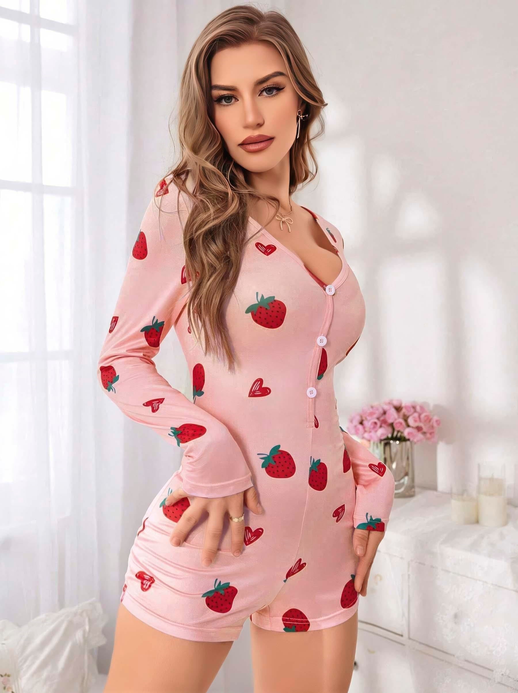 Kadın Pembe Çilek Desenli Pijama Tulumu 5125