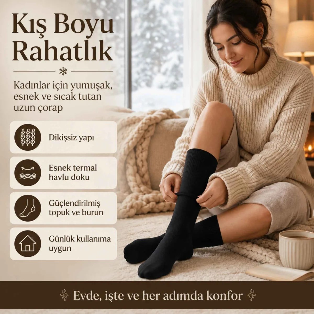 Kadın Siyah 12'li Kışlık Termal Uzun Çorap | Dikişsiz, Esnek Havlu Dokulu, Sıcak Tutan, Güçlendirilmiş Topuk ve Burun
