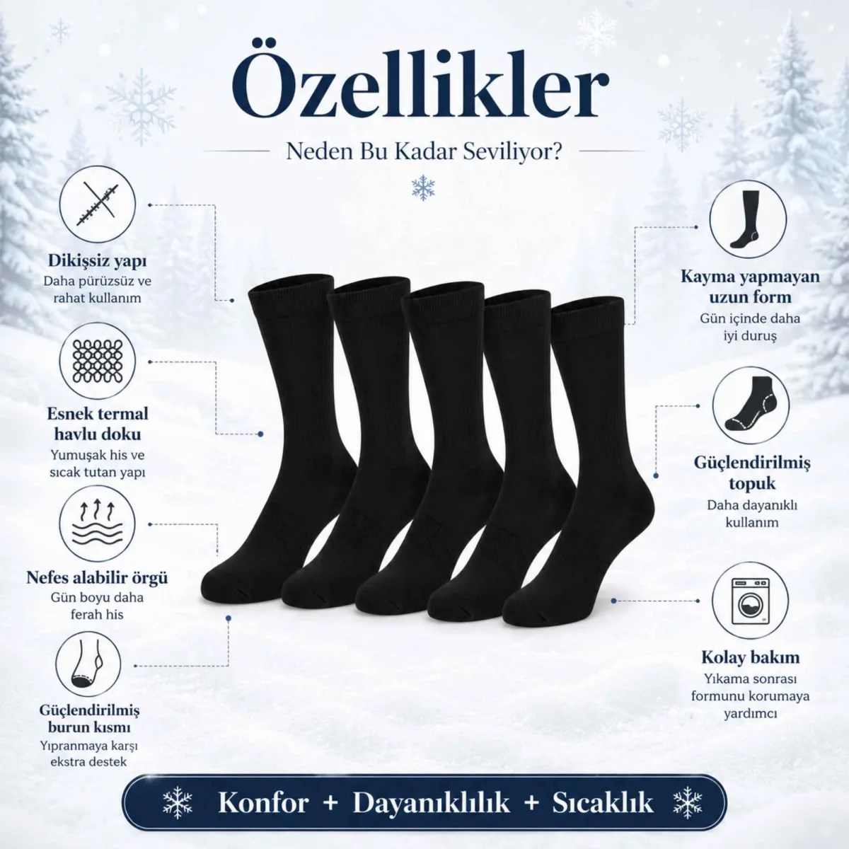 Kadın Siyah 6'lı Kışlık Termal Uzun Çorap | Dikişsiz, Esnek Havlu Dokulu, Sıcak Tutan, Güçlendirilmiş Topuk ve Burun