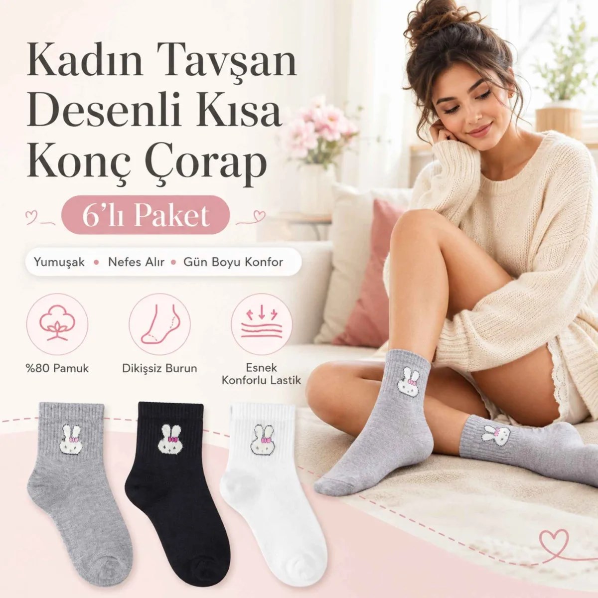 Kadın Tavşan Desenli Kısa Konç Çorap 3'lü Paket, %80 Pamuklu Dikişsiz Burun, Nefes Alan Yumuşak Bilek Çorabı, Gri Siyah Beyaz