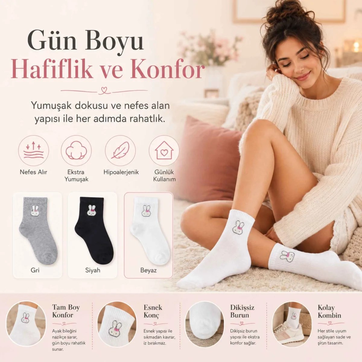 Kadın Tavşan Desenli Kısa Konç Çorap 6'lı Paket, %80 Pamuklu Dikişsiz Burun, Nefes Alan Yumuşak Bilek Çorabı, Gri Siyah Beyaz