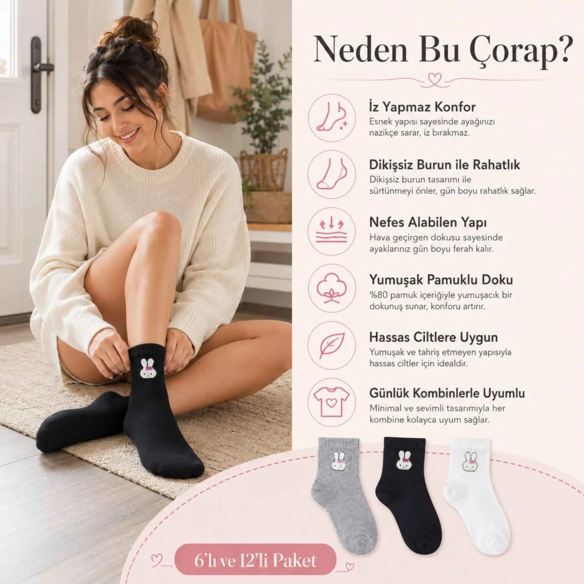 Kadın Tavşan Desenli Kısa Konç Çorap 6'lı Paket, %80 Pamuklu Dikişsiz Burun, Nefes Alan Yumuşak Bilek Çorabı, Gri Siyah Beyaz