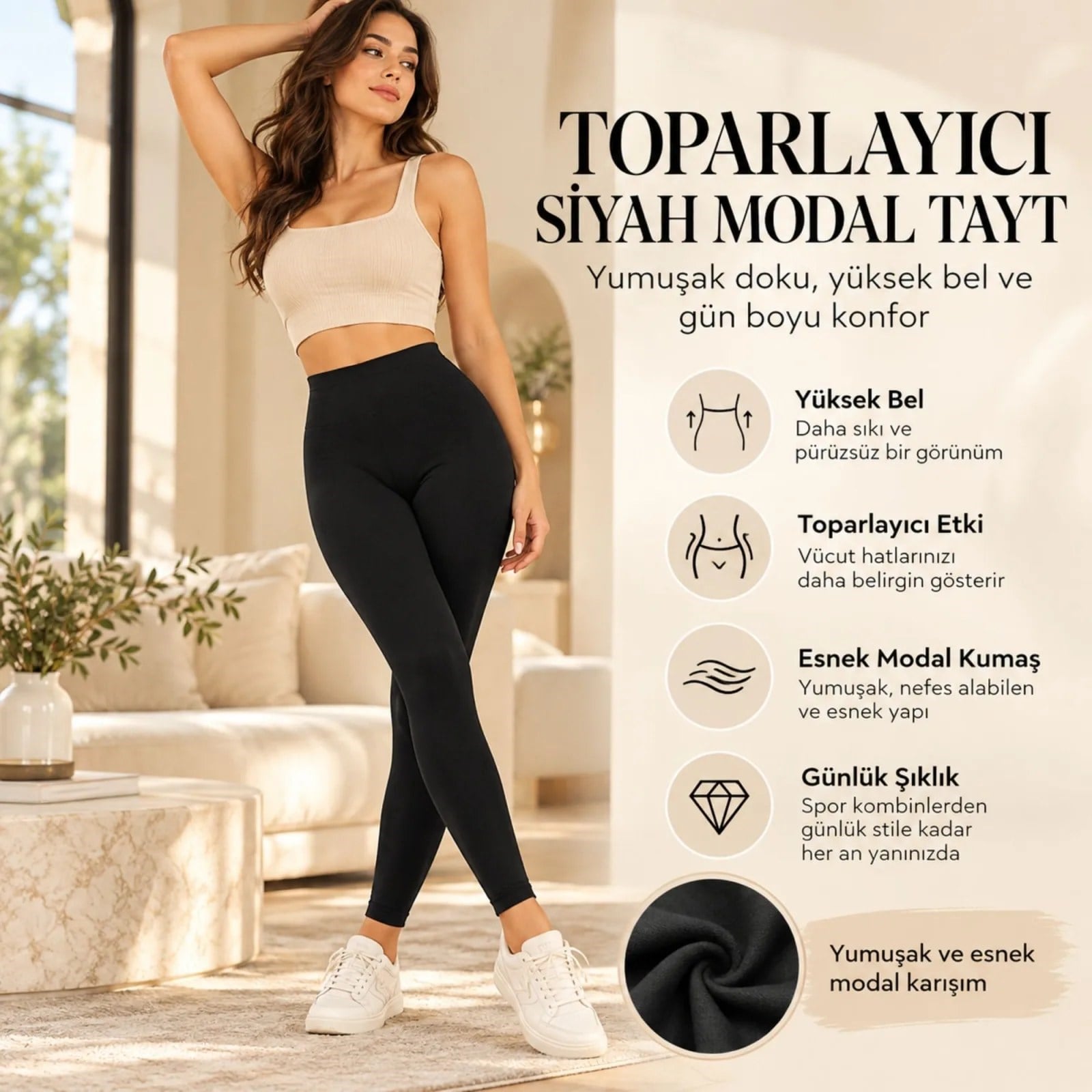 Kadın Toparlayıcı Siyah Modal Tayt Yüksek Bel Esnek Rahat Günlük Spor Vücut Şekillendirici Tayt Slim