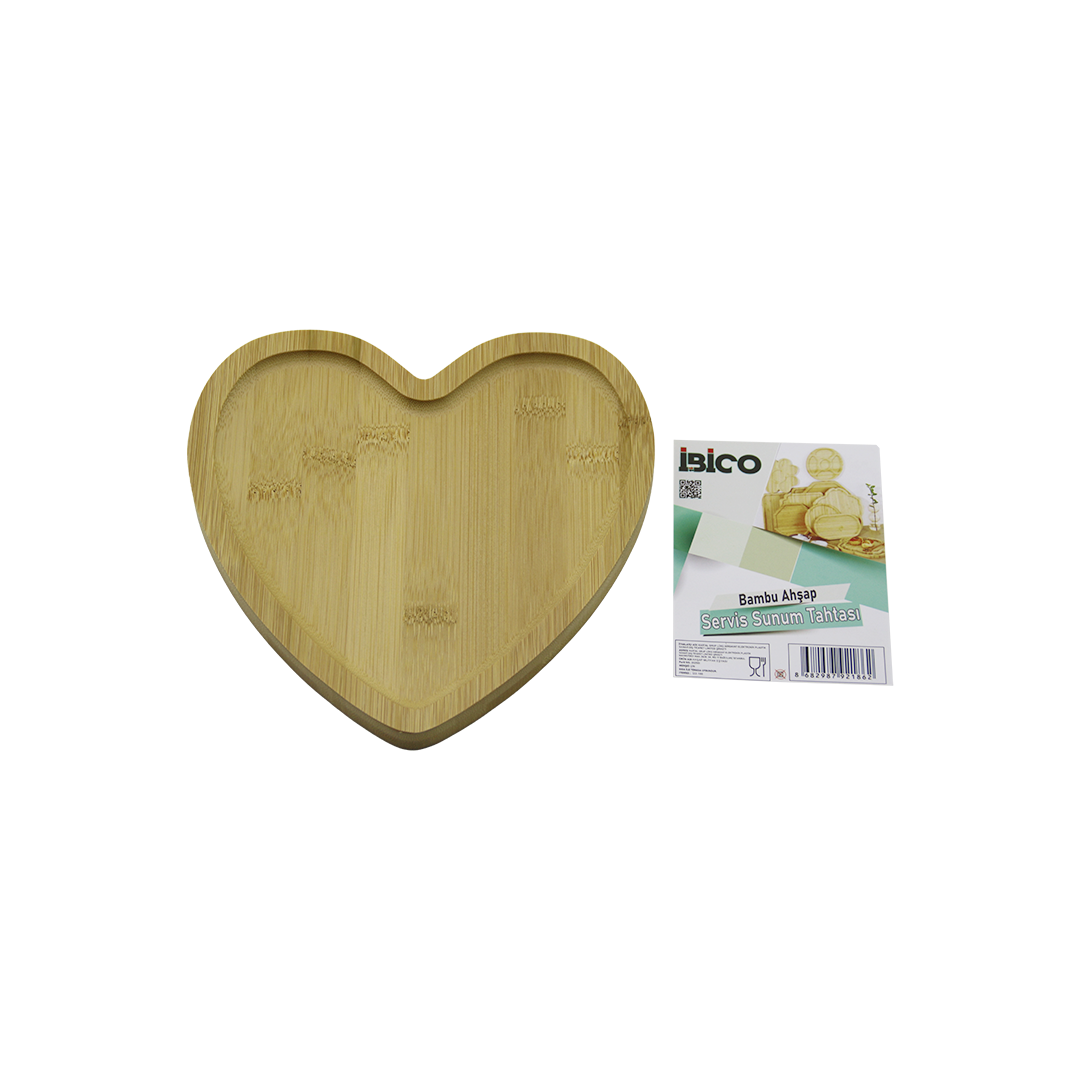 Kalp Model Bambu Ahşap Sunum Tepsisi - 20.5 x 19.5 x 1.4 cm