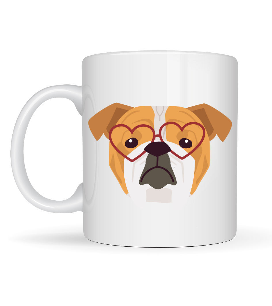 Kalpli Gözlüklü İngiliz Bulldog Tasarımlı Porselen Kupa Model 52 – Sevimli Köpek Desenli Kahve & Çay Kupası