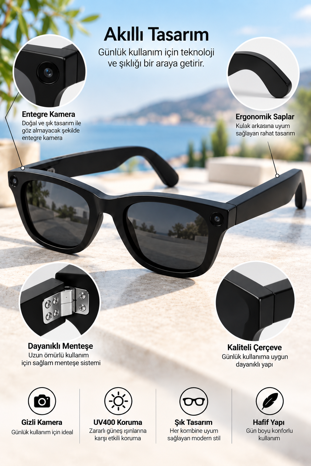 Kameralı Akıllı Güneş Gözlüğü Smart Glasses Anı Kaydetme (Kopya)