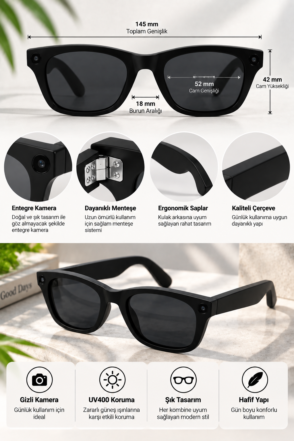 Kameralı Akıllı Güneş Gözlüğü Smart Glasses Siyah Şık Tasarım