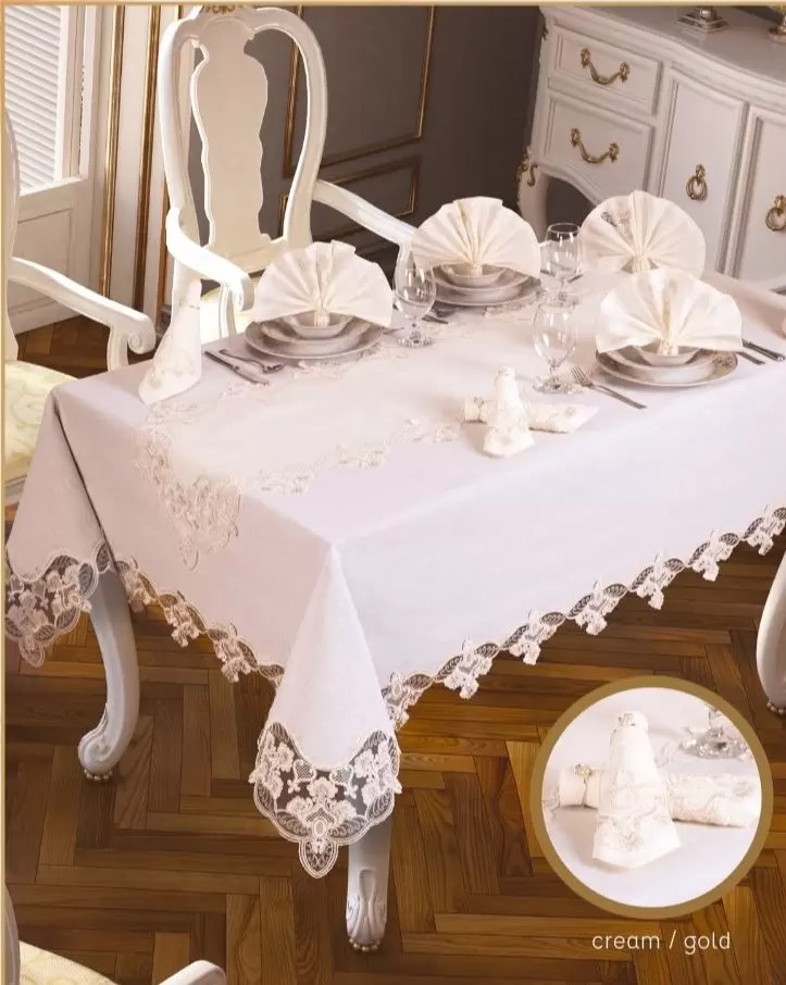 Karanfil Gardenya Keten Krem-Gold 26 Parça 12 Kişilik Premium 160 × 220 cm Masa Seti
