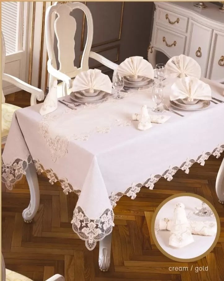 Karanfil Gardenya Keten Yemek Takımı Masa Seti 12 Kişilik 26 Parça 160×220 cm Runner Set Krem-Gold