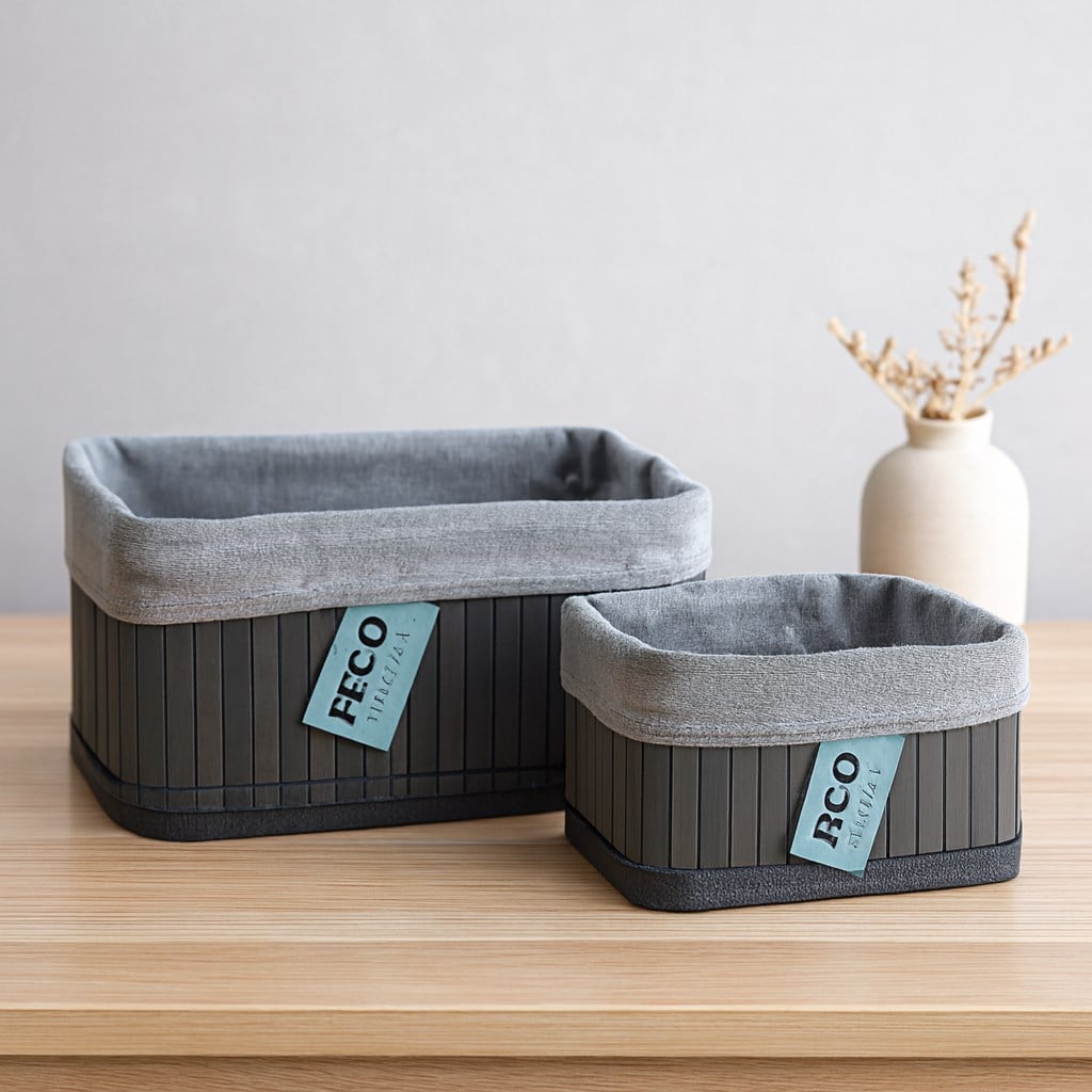Kare Organizer Sepet - Bambu Kenarlı, Ahşap Taban, Bezli - 18x21 cm
