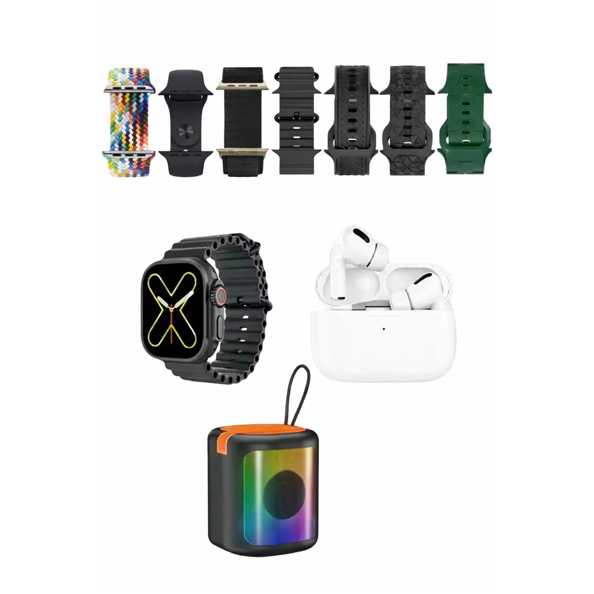Karler Bass K28 Kombo 7 Adet Kordon Akıllı Saat Airpods Kulaklık Kablosuz Hoparlör Set - Siyah