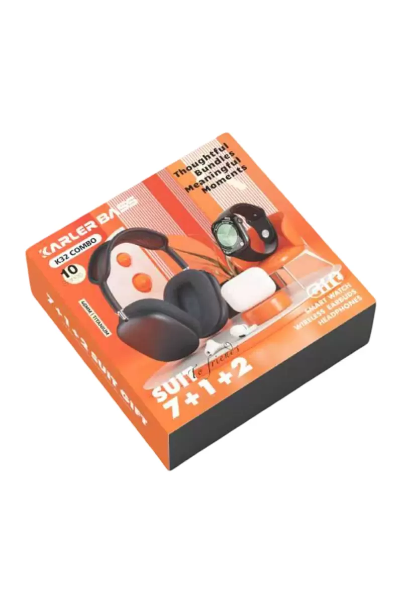 Karler Bass K32 Kombo 7 Adet Kordon Akıllı Saat Airpods Kulaklık Kafa Üstü Kablosuz Kulaklık Set - Siyah
