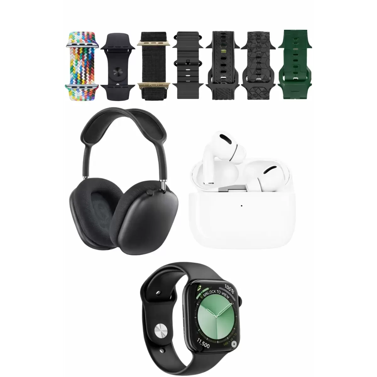 Karler Bass K32 Kombo 7 Adet Kordon Akıllı Saat Airpods Kulaklık Kafa Üstü Kablosuz Kulaklık Set - Siyah