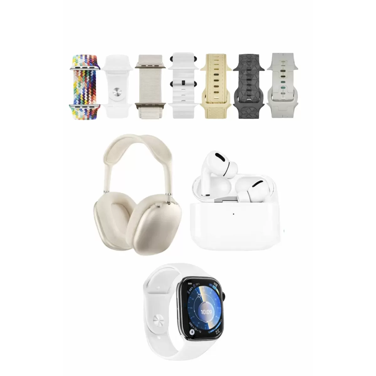 Karler Bass K32 Kombo 7 Adet Kordon Akıllı Saat Airpods Kulaklık Kafa Üstü Kablosuz Kulaklık Set - Beyaz