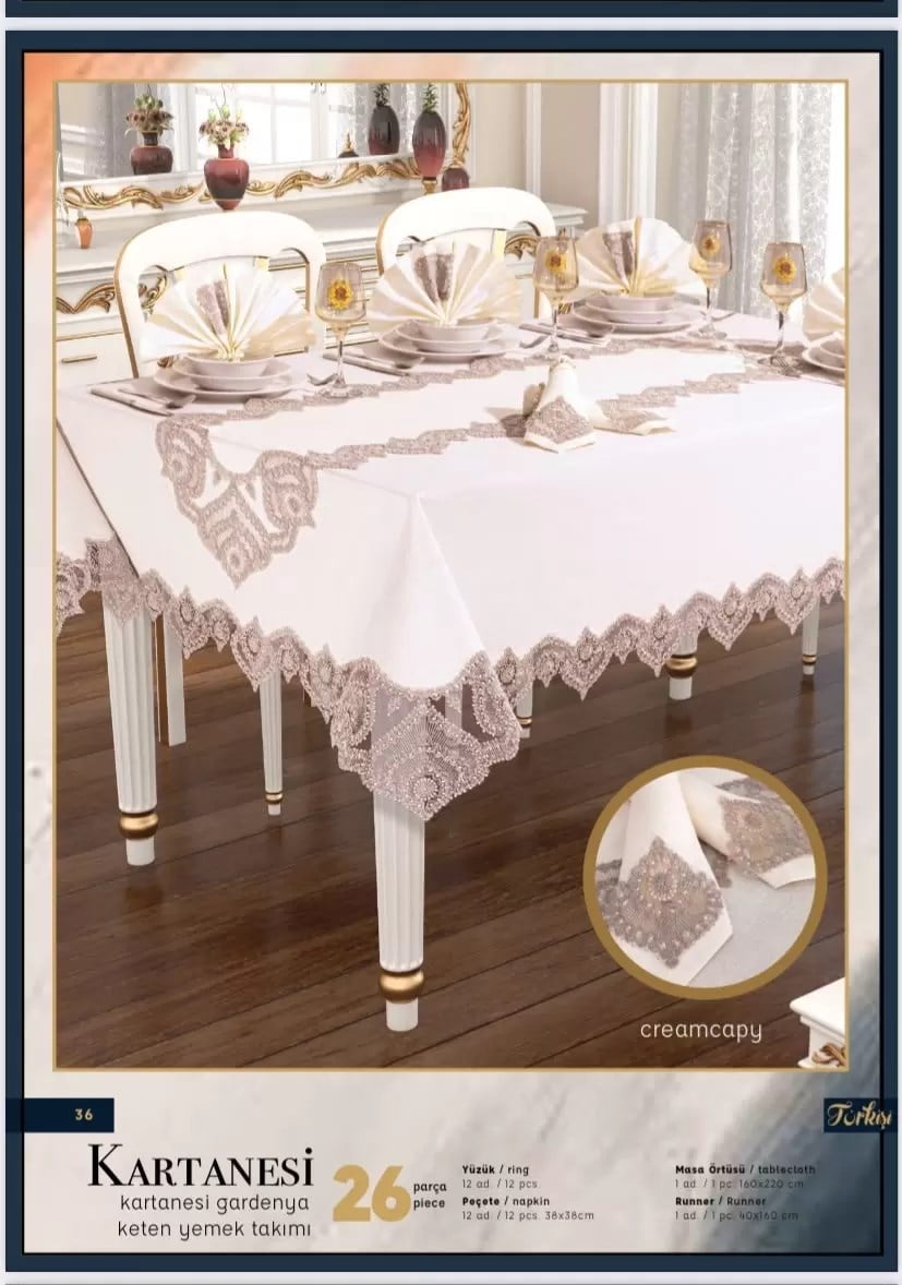 Kartanesi Gardenya Keten Krem-Kapiçino 12 Kişilik 26 Parça Çeyizlik Şık 160x220 cm Masa Örtüsü