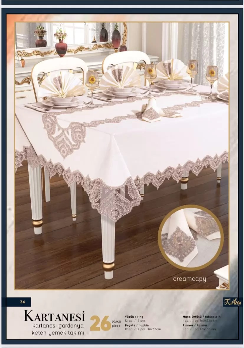 Kartanesi Gardenya Keten Krem-Kapiçino 12 Kişilik 26 Parça Çeyizlik Şık 160x220 cm Masa Örtüsü