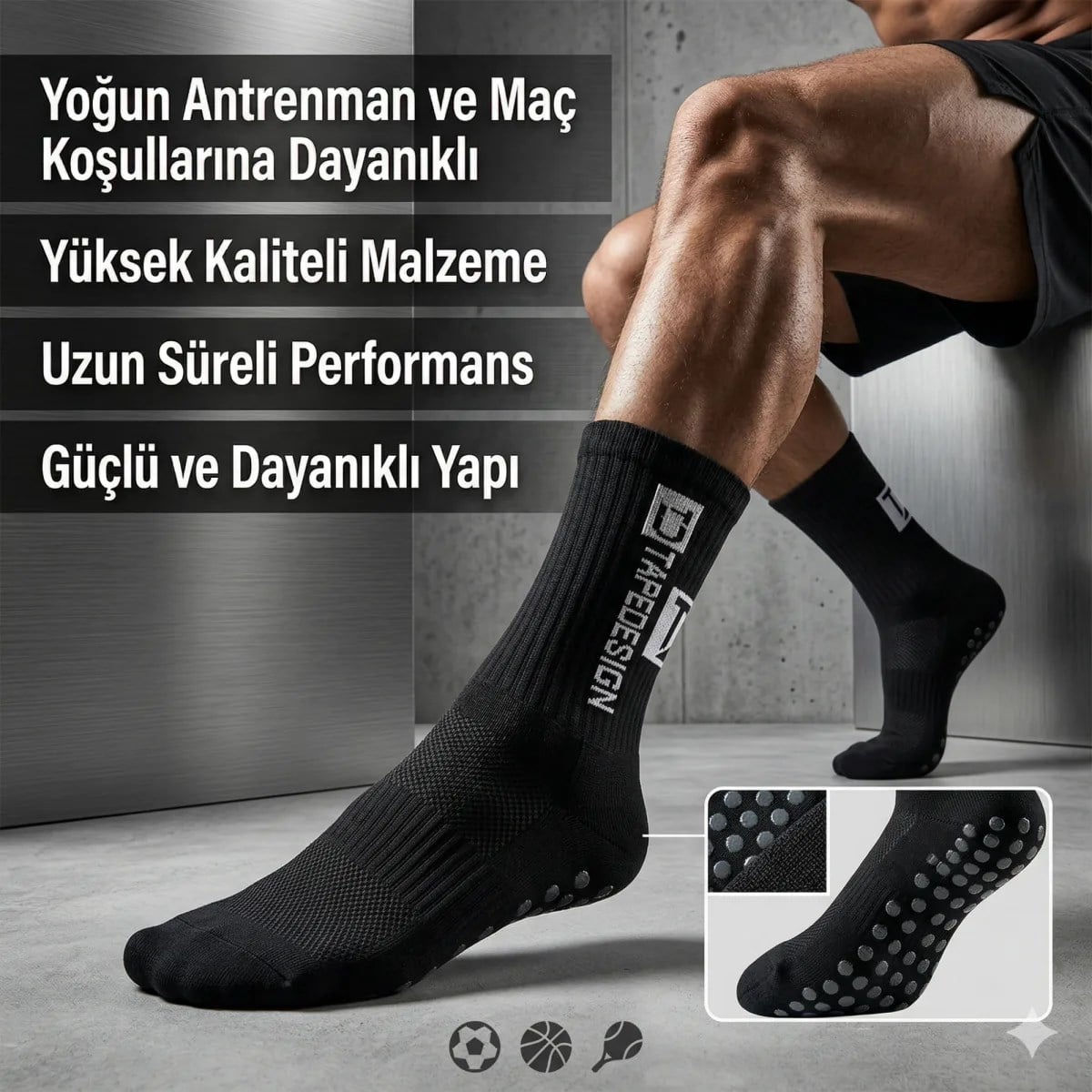 Kaydırmaz Futbol Basketbol Tenis Erkek Spor Çorap, Siyah, Kaymaz Çorap Tabanlı, Dikişsiz ve Parfümlü, Yüksek Kalite