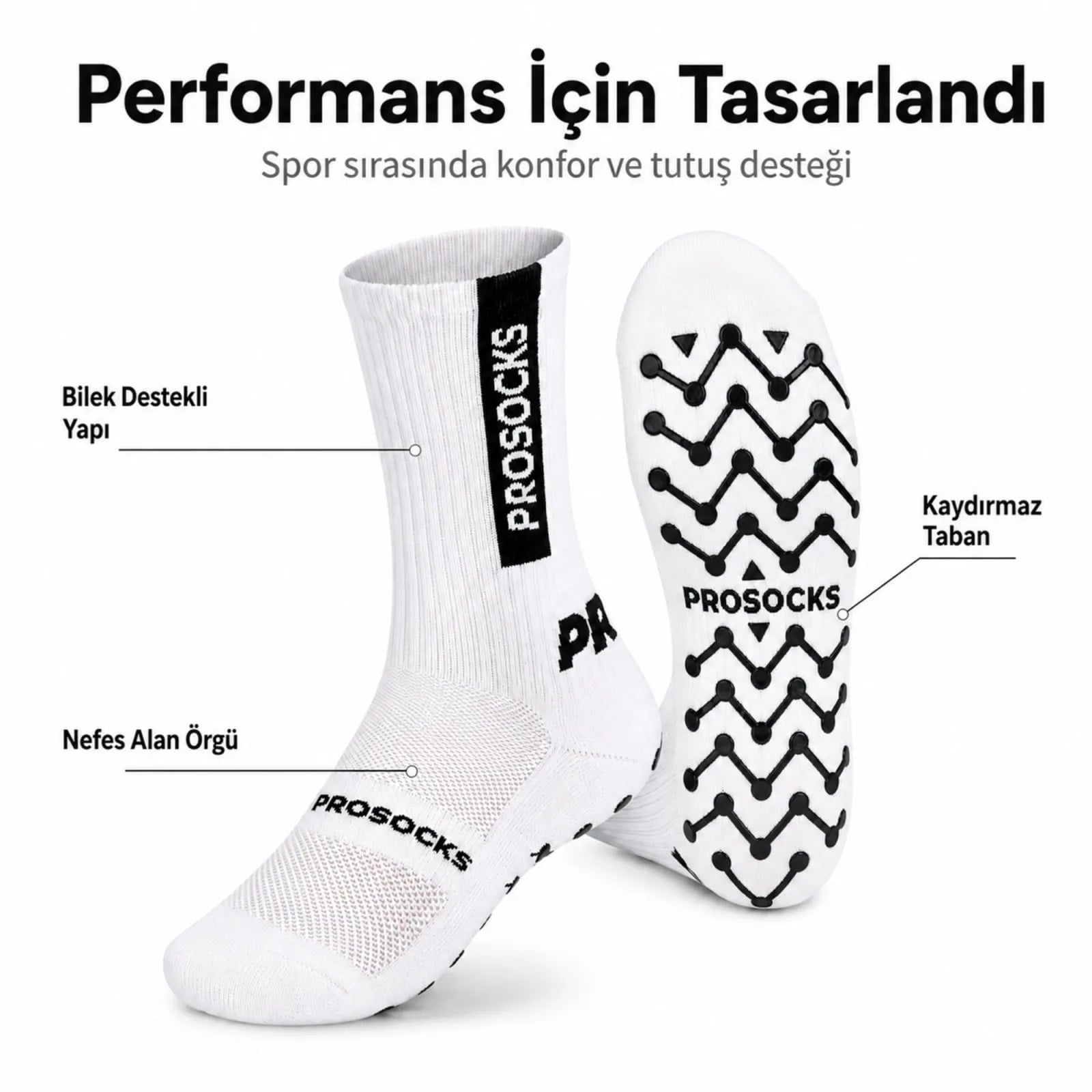 Kaydırmaz Spor 3'lü Çorabı Beyaz | Nefes Alan, Bilek Destekli, Güçlü Tutuşlu Performans Çorabı