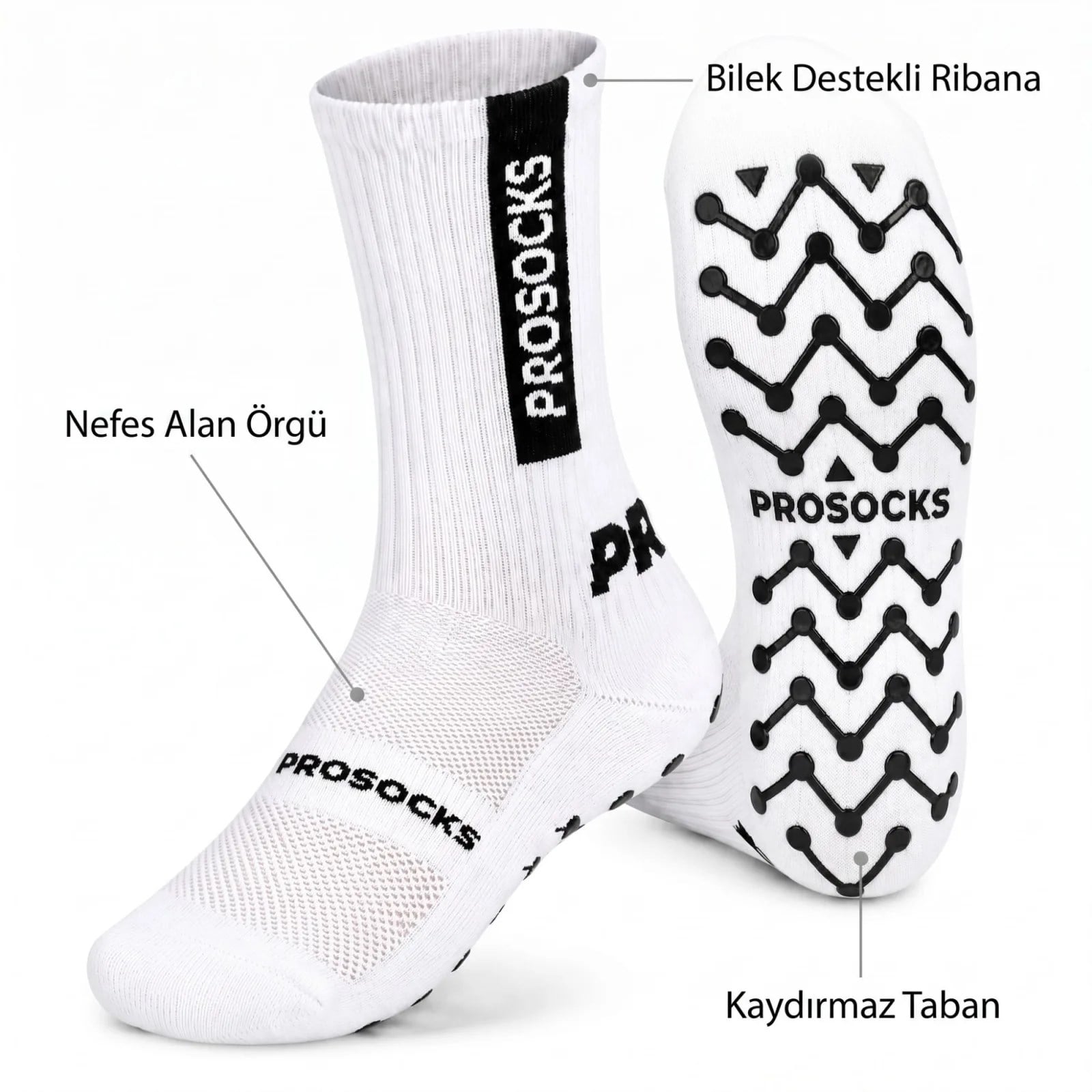 Kaydırmaz Spor Çorabı Beyaz | Nefes Alan, Bilek Destekli, Güçlü Tutuşlu Performans Çorabı