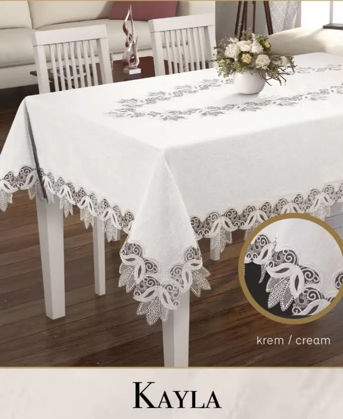 Kayla Model Krem Keten Masa Örtüsü 155x260 cm Dantel Şık Yemek Masası Örtüsü