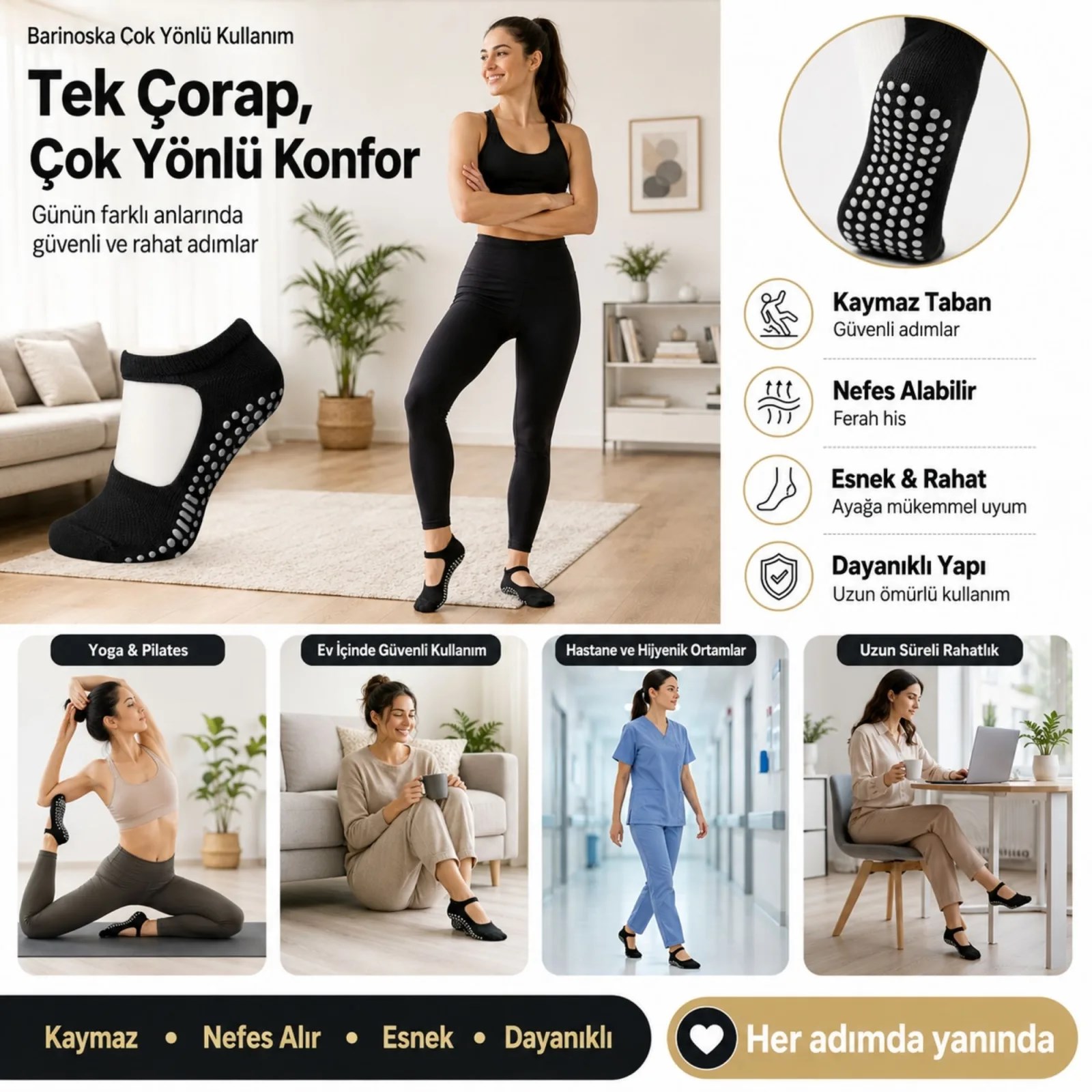 Kaymaz Taban 6'lı Yoga ve Pilates Çorabı Siyah Kadın, Silikon Tabanlı Nefes Alabilir Bilek Bantlı Çorap, Ev Yoga Pilates Trambolin Umre İçin