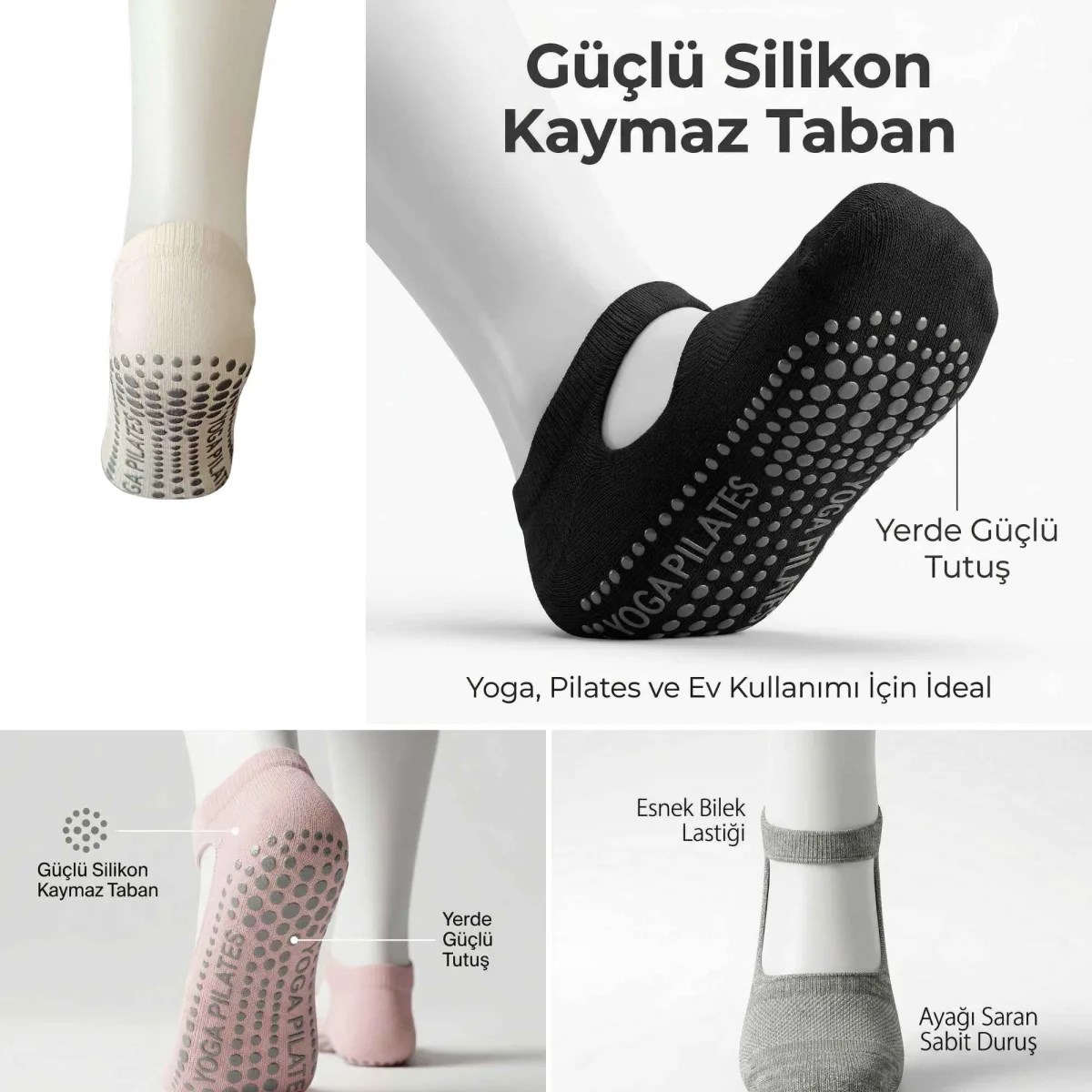 Kaymaz Taban Yoga ve Pilates Çorabı 4'lü Kadın, Silikon Tabanlı Nefes Alabilir Bilek Bantlı Çorap, Ev Yoga Pilates Trambolin Umre İçin, 4 Renk