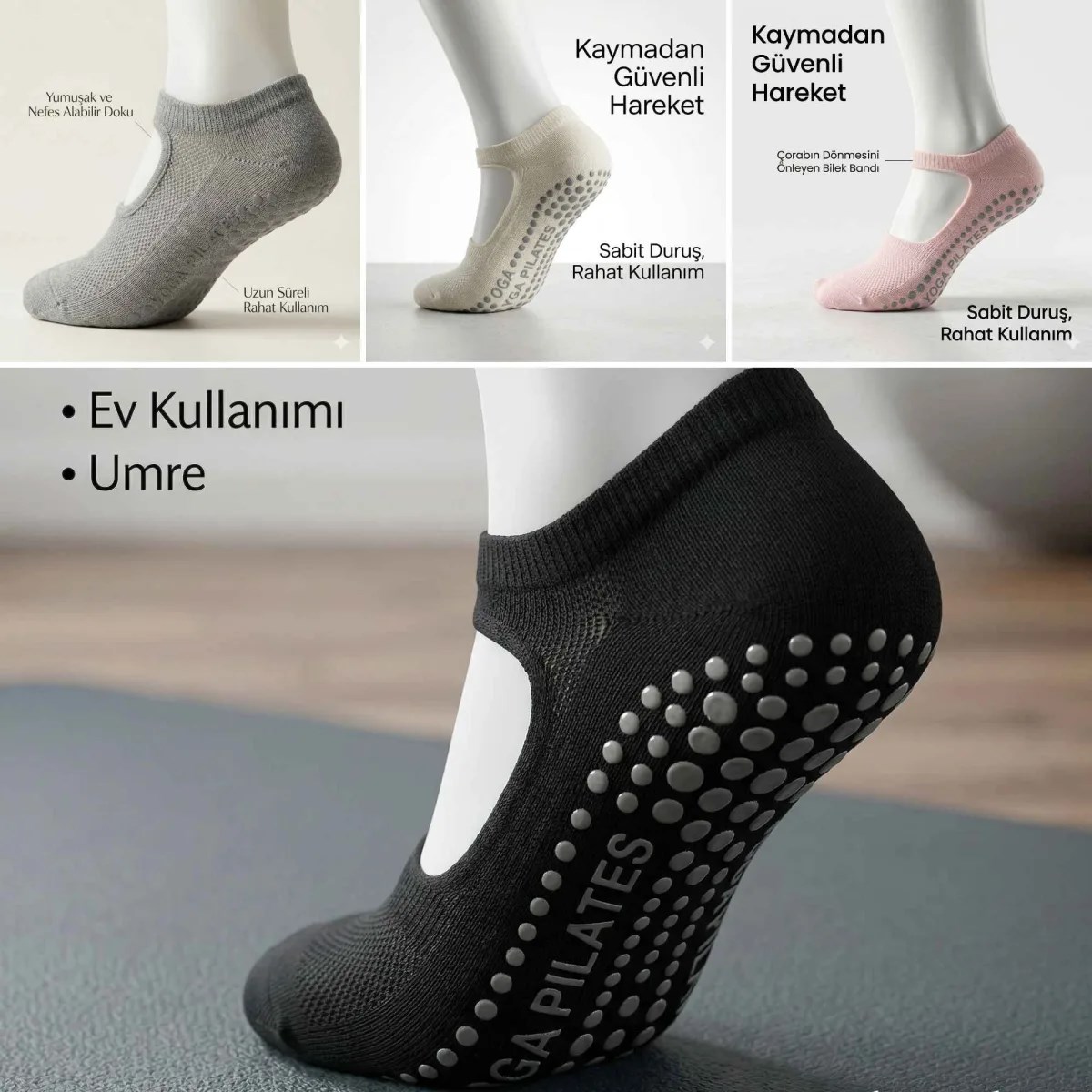 Kaymaz Taban Yoga ve Pilates Çorabı 4'lü Kadın, Silikon Tabanlı Nefes Alabilir Bilek Bantlı Çorap, Ev Yoga Pilates Trambolin Umre İçin, 4 Renk