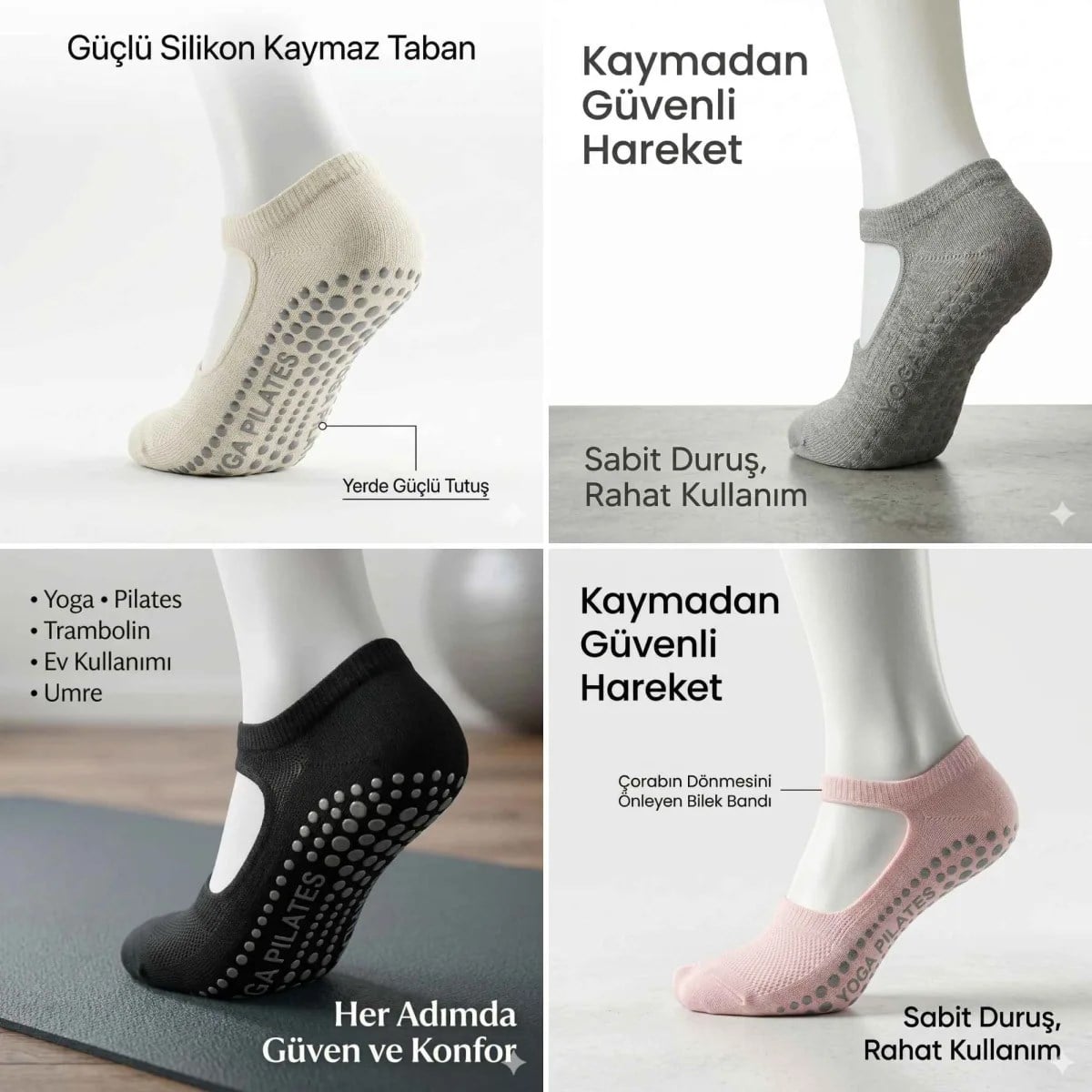 Kaymaz Taban Yoga ve Pilates Çorabı 8'li Kadın, Silikon Tabanlı Nefes Alabilir Bilek Bantlı Çorap, Ev Yoga Pilates Trambolin Umre İçin, 4 Renk